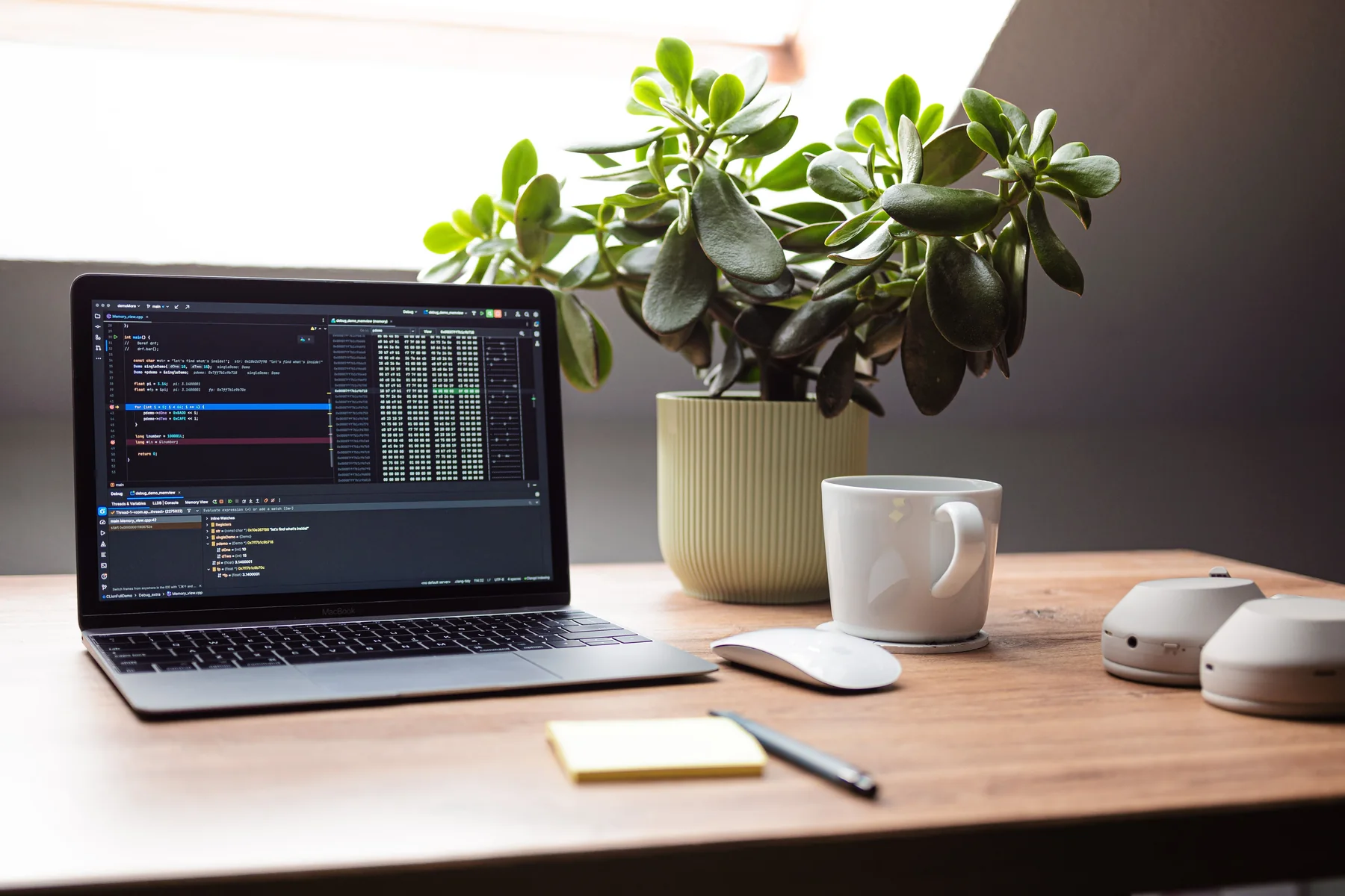 A compact air-quality monitor displays CO2 and particle readings beside a leafy potted plant on a desk, illustrating environmental data capture.
