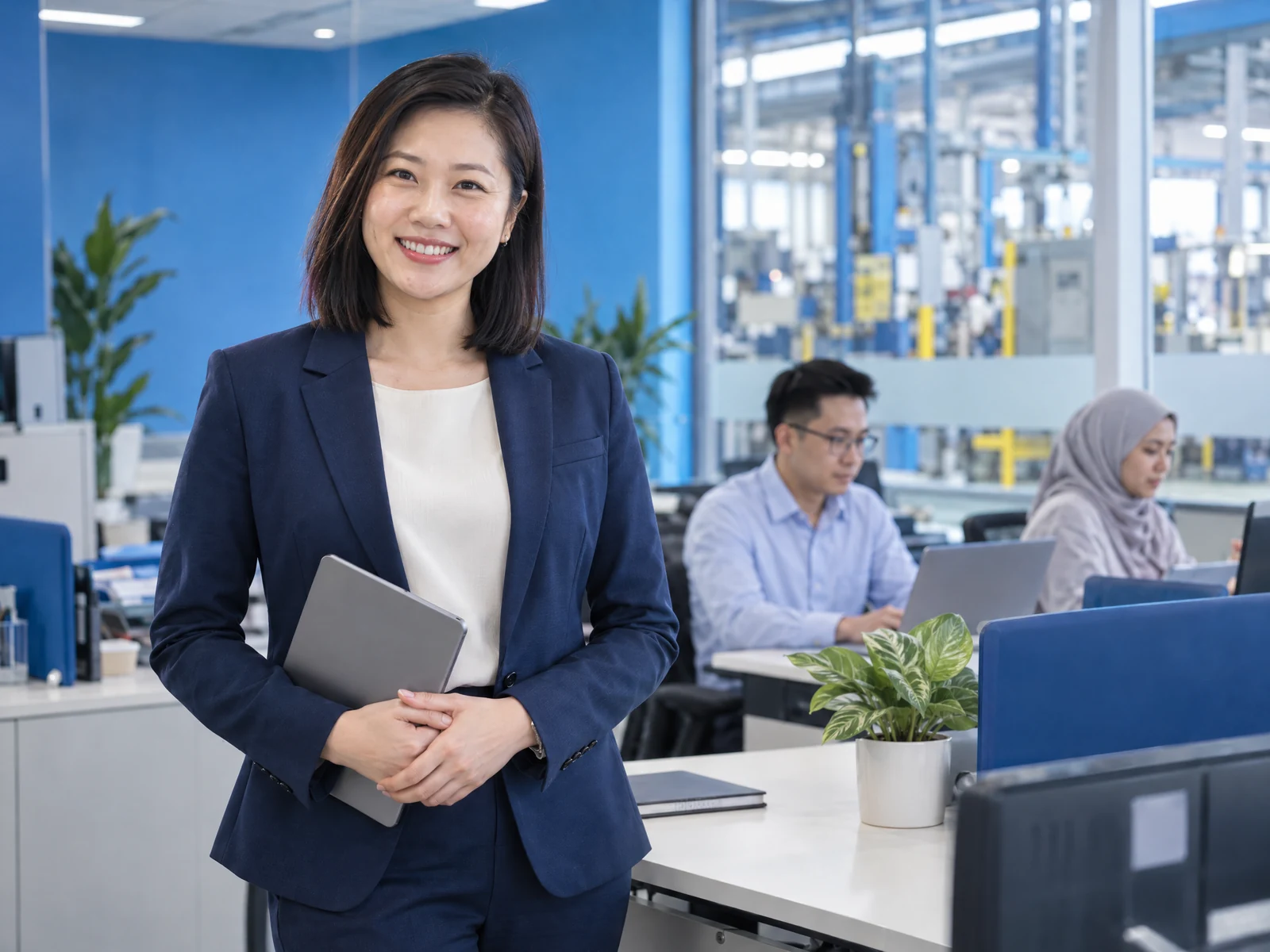 Woman in a navy blazer holding a tablet in a bright blue-accented factory office, with colleagues working at laptops.