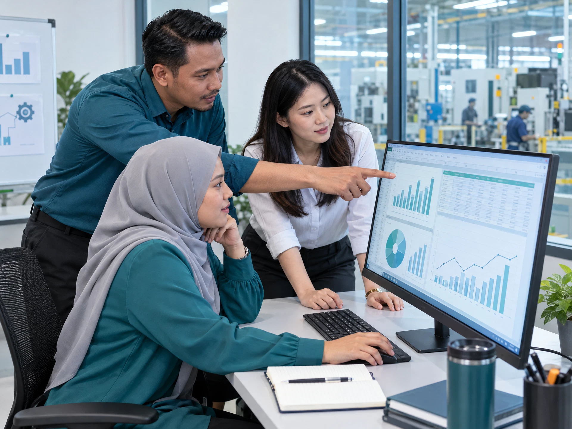 Fictional adult learners practising AI for Microsoft Excel and Data Analysis in a workplace learning scene.