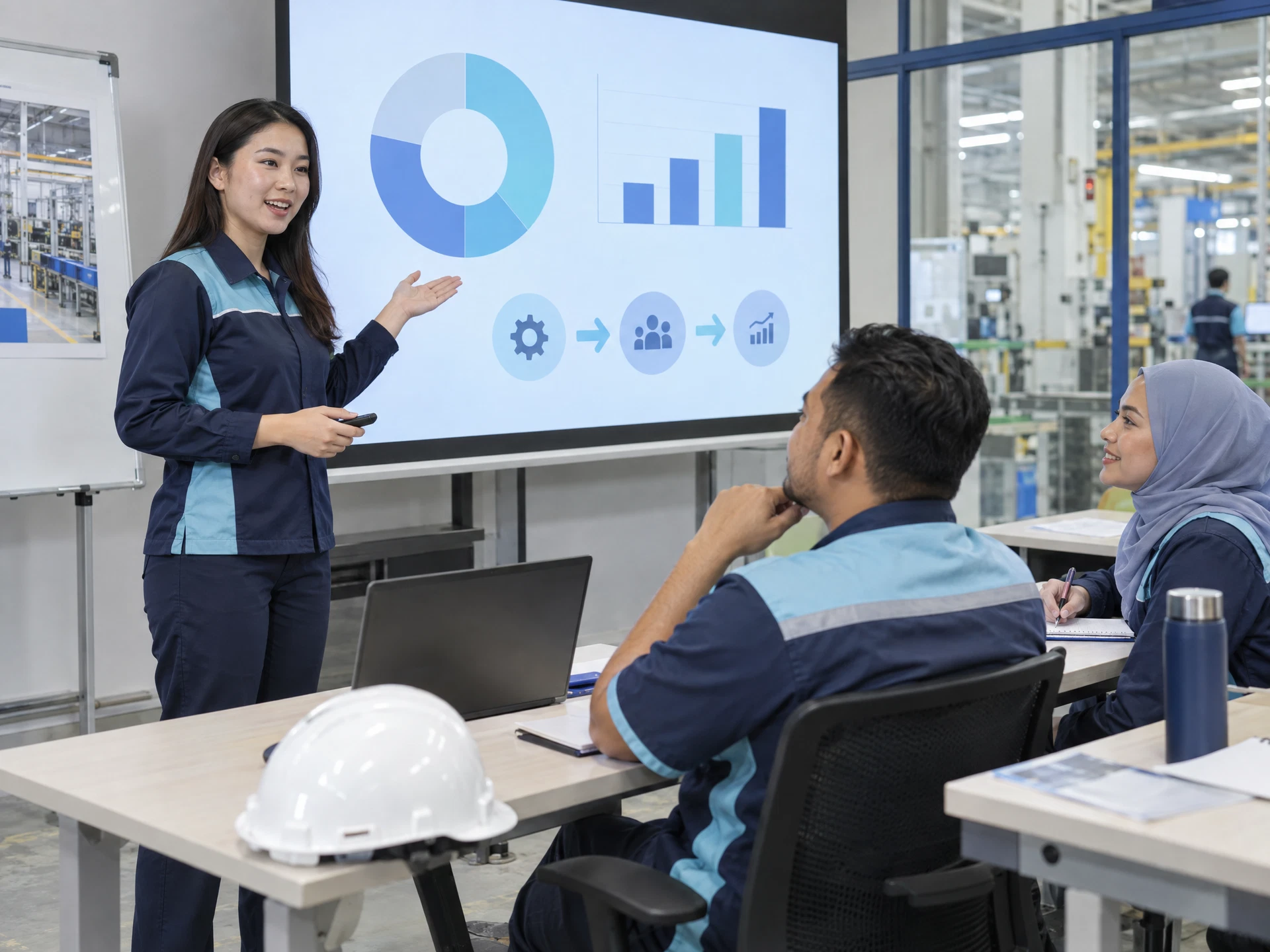 Fictional adult learners practising AI for PowerPoint Presentation Development in a workplace learning scene.