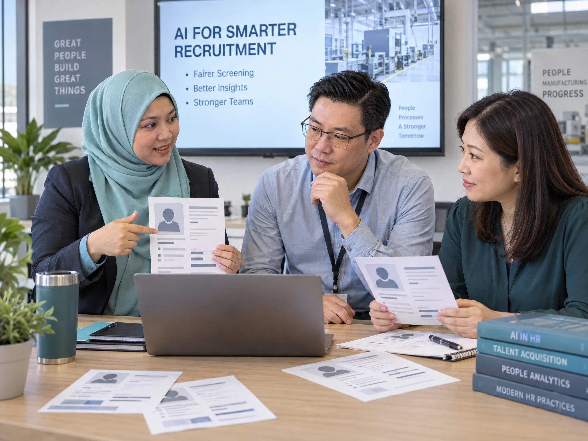 Fictional adult learners practising AI for HR Management and Recruitment in a workplace learning scene.