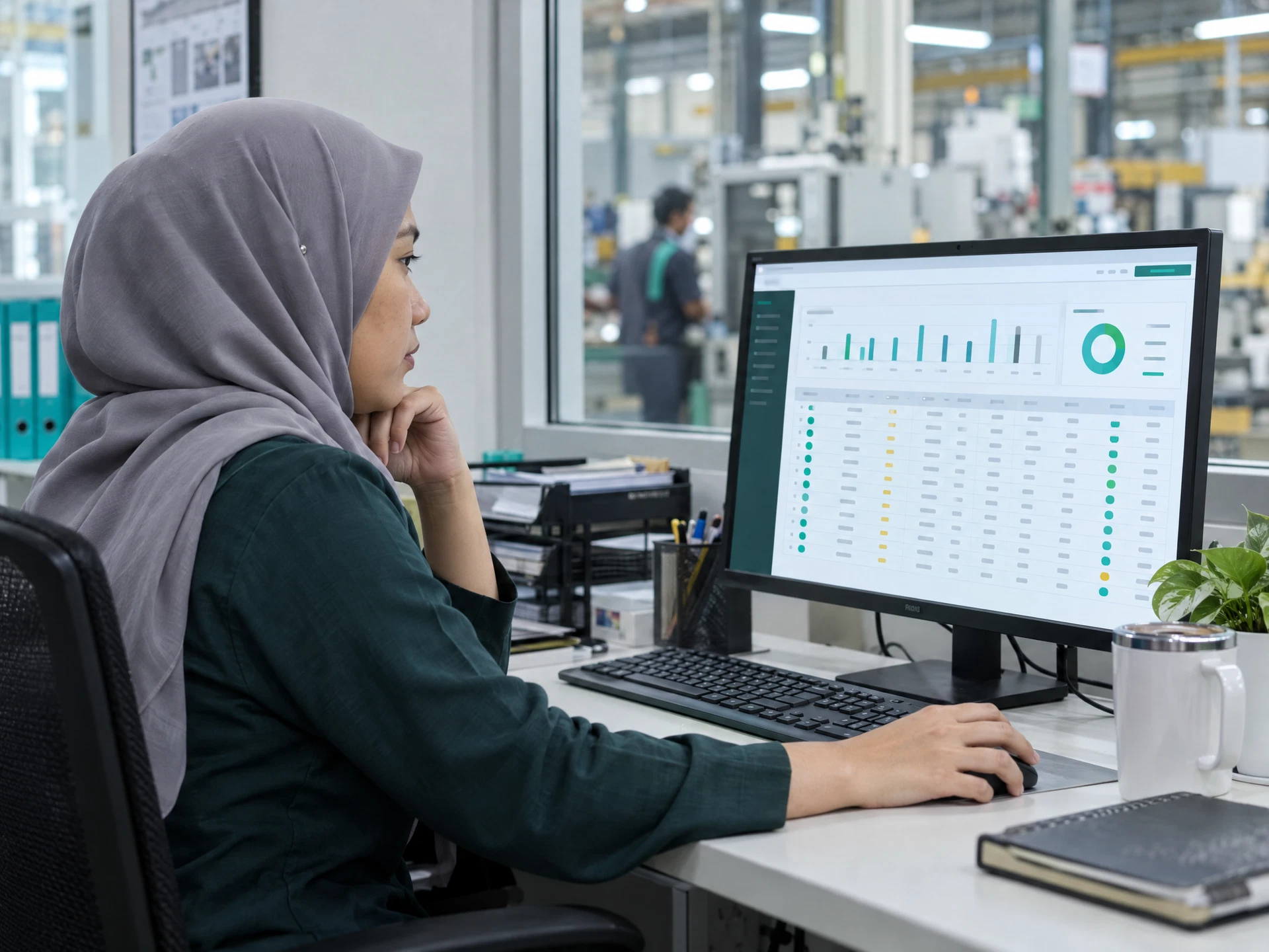 Fictional manufacturing HR administrator reviewing an aggregated attendance and overtime summary on an unreadable office monitor.