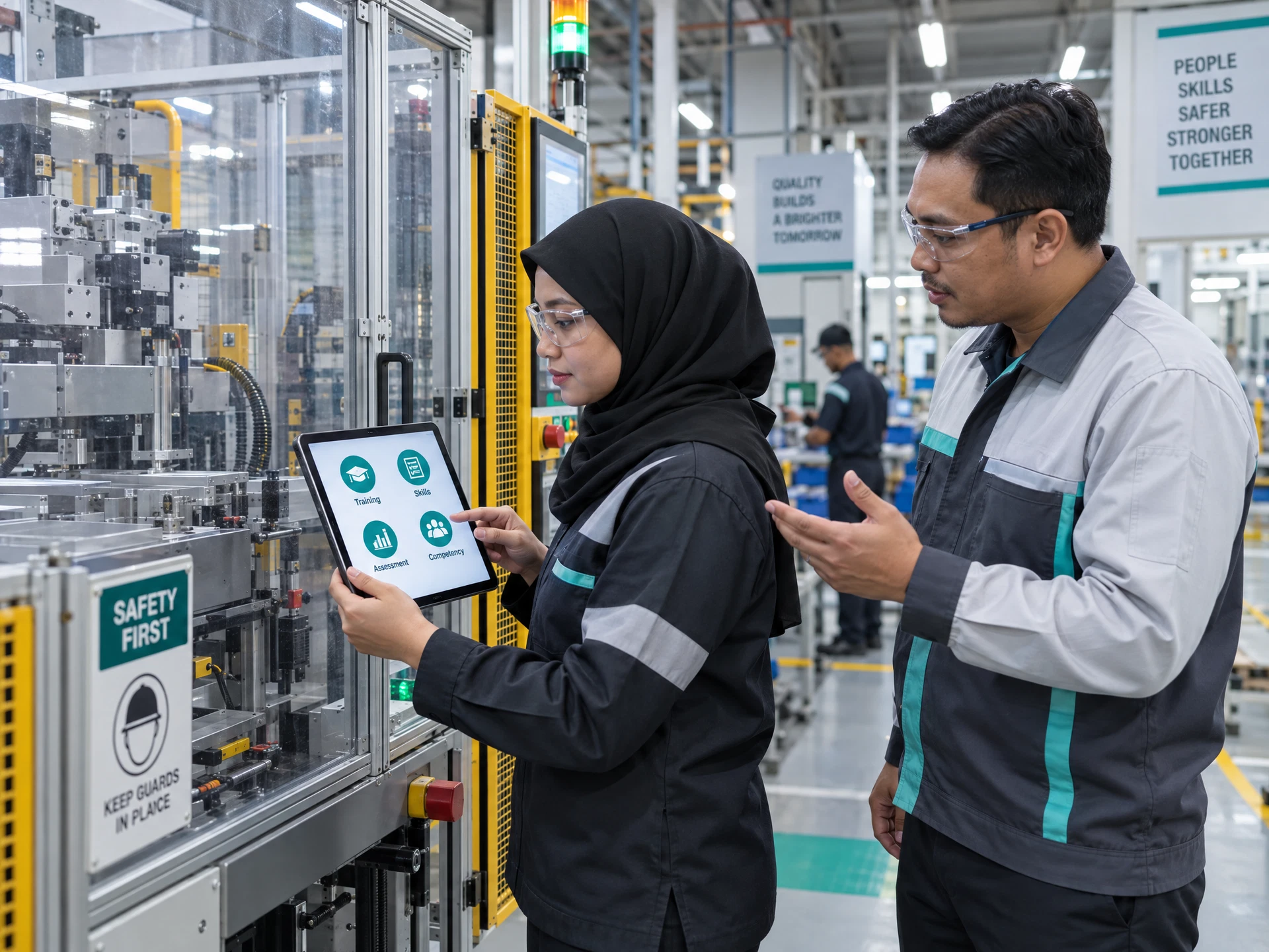 Fictional technician using a tablet beside guarded factory equipment while a supervisor coaches nearby.
