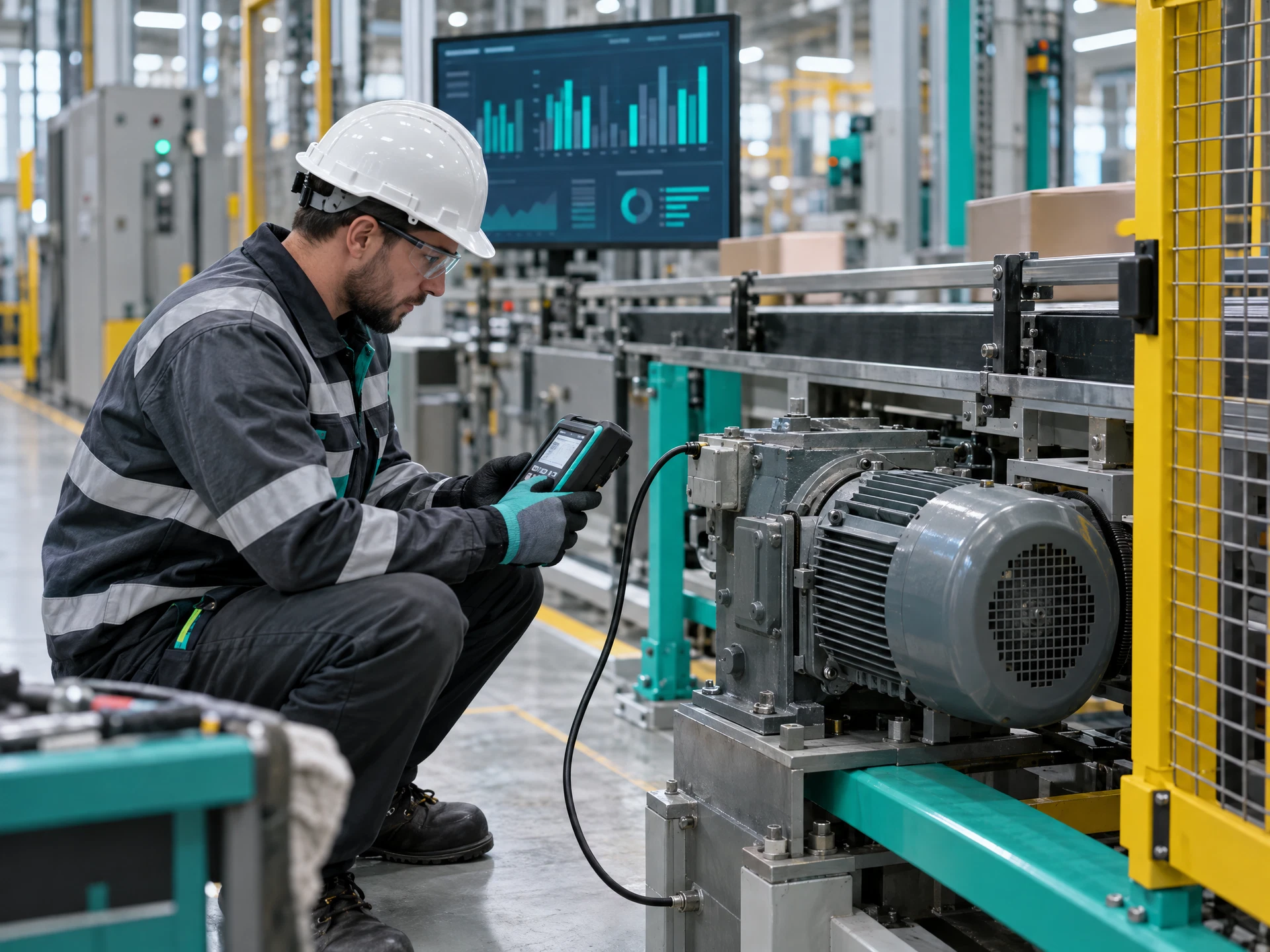 Fictional maintenance engineer inspecting a safely stopped conveyor motor with a handheld diagnostic tool.