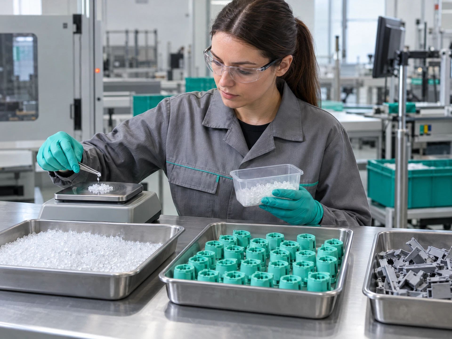 Fictional quality technician comparing a weighed sample of raw material and finished components on a clean factory bench.