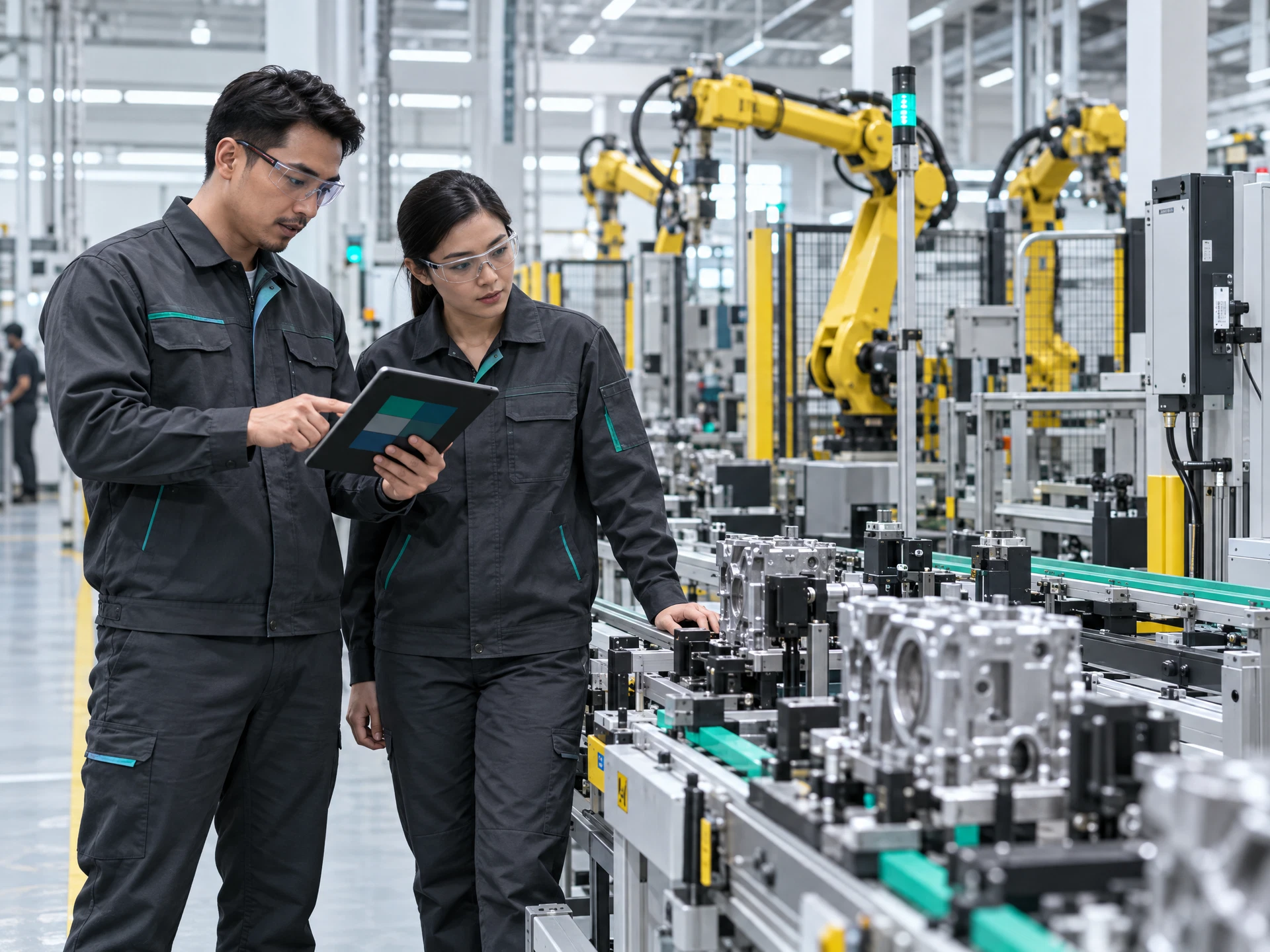 Fictional process engineers reviewing a tablet beside an automated assembly conveyor.