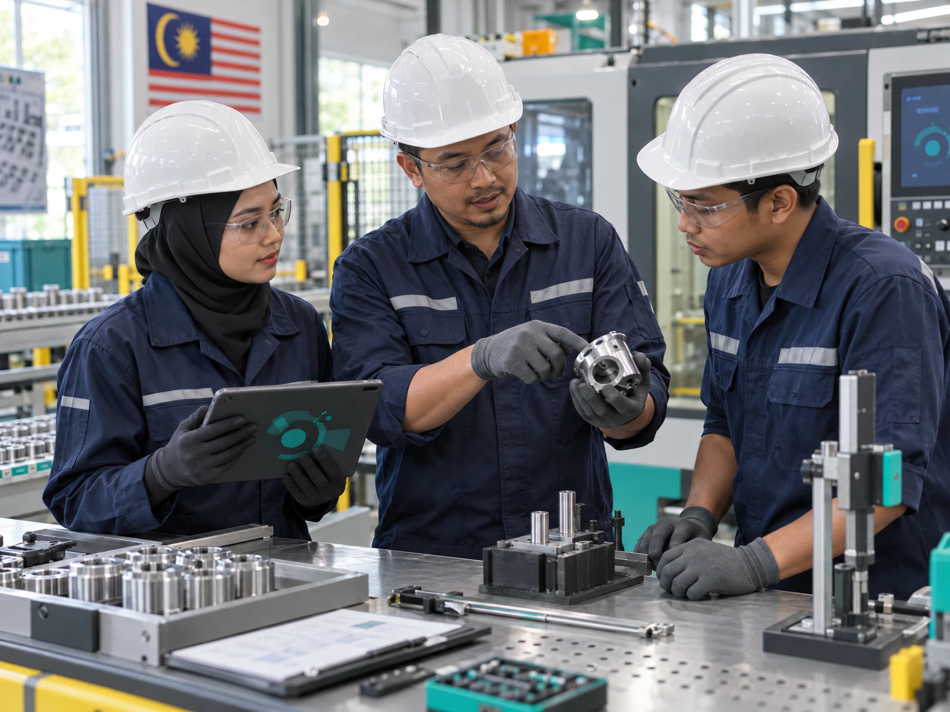 Fictional factory workers practising component inspection with an instructor.