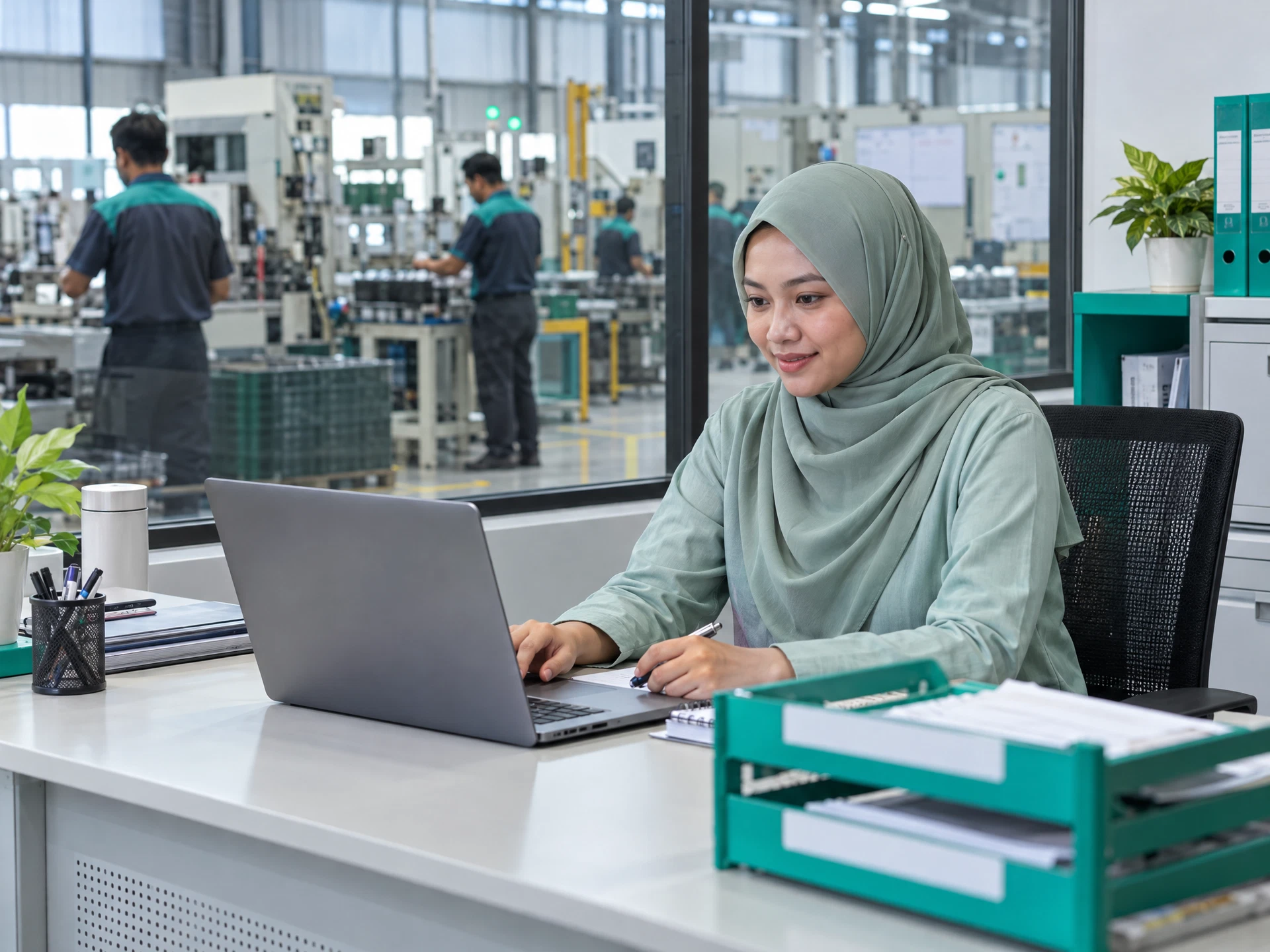 Fictional manufacturing HR coordinator reviewing an onboarding checklist in an office beside a factory floor.