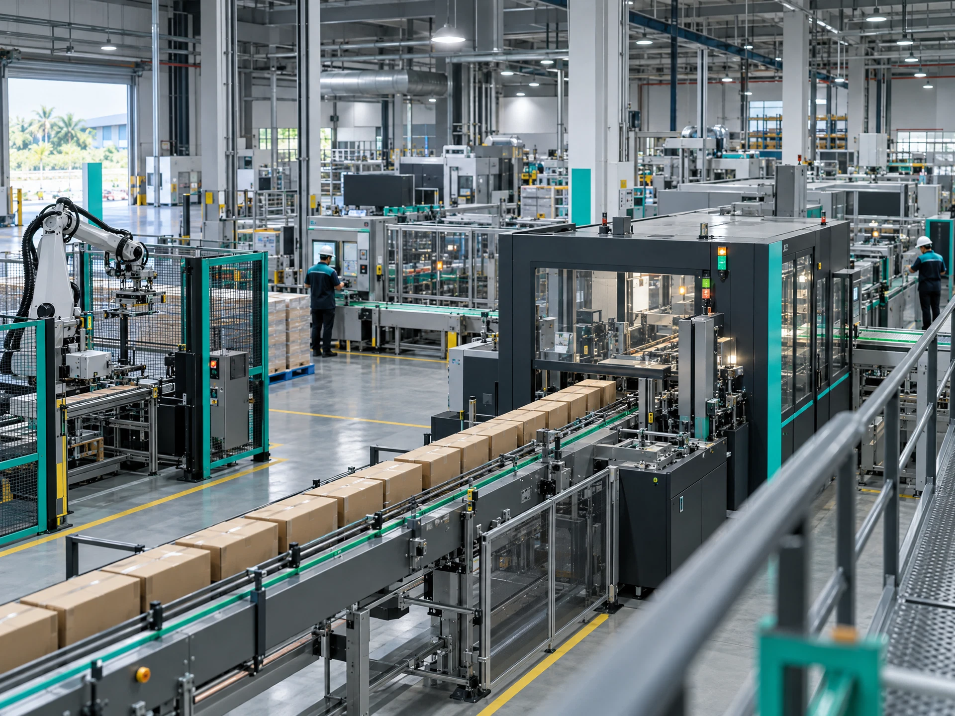 Industrial production line with machine enclosures and conveyors in a fictional manufacturing facility.