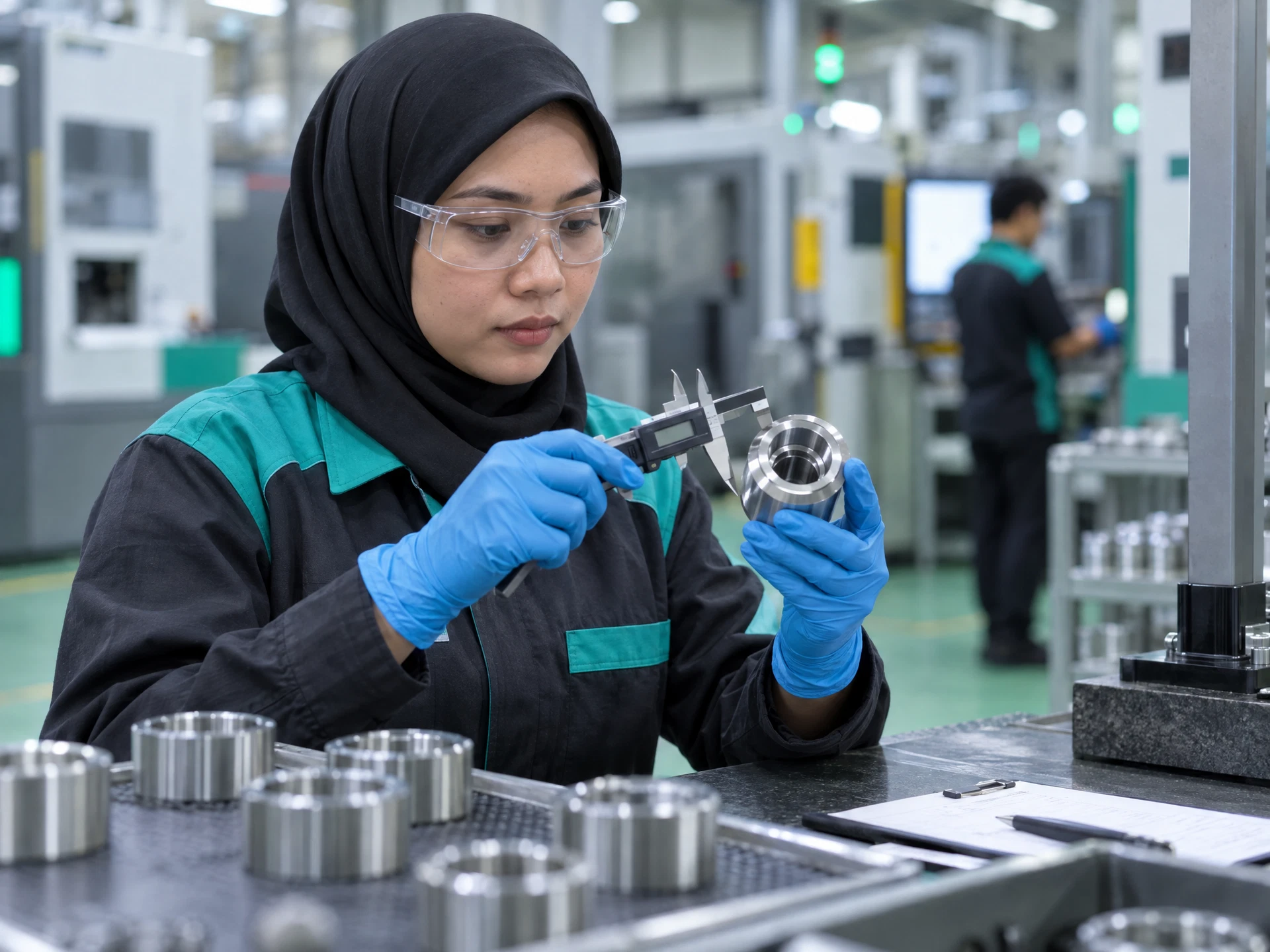 Fictional quality inspector checking a metal component with a digital caliper at a clean inspection bench.