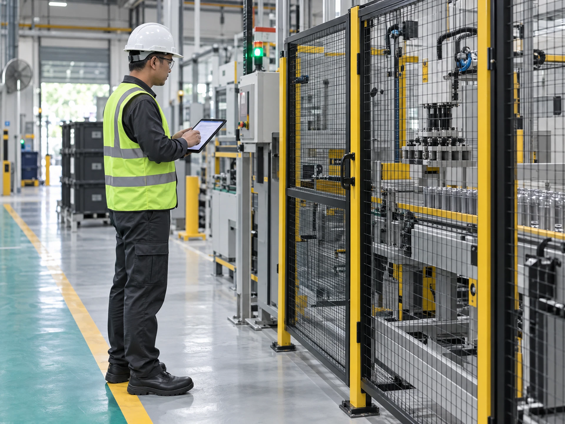 Fictional factory safety officer reviewing a digital checklist beside guarded machinery.