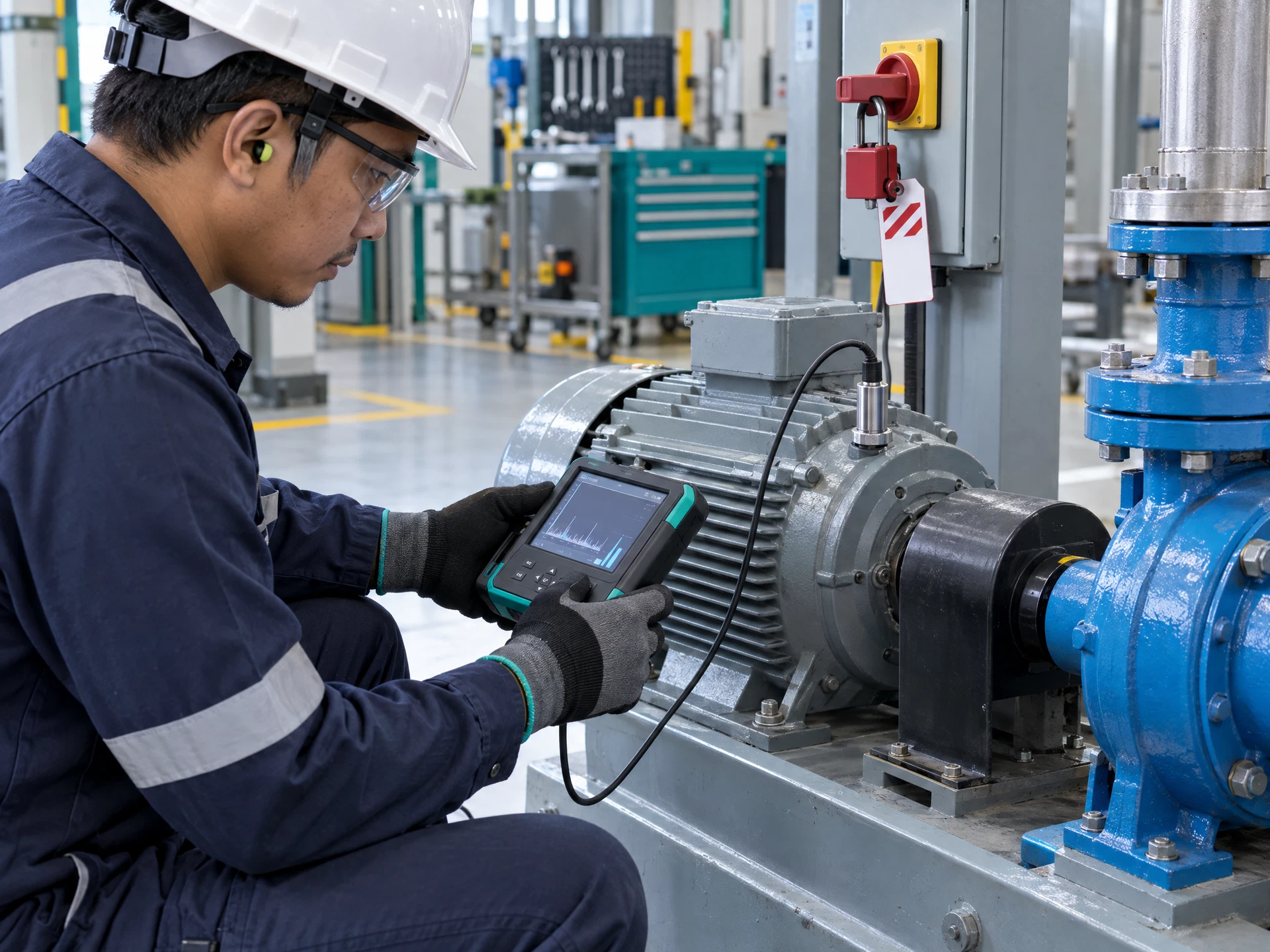 Fictional maintenance technician inspecting an isolated industrial motor with a handheld analyser.