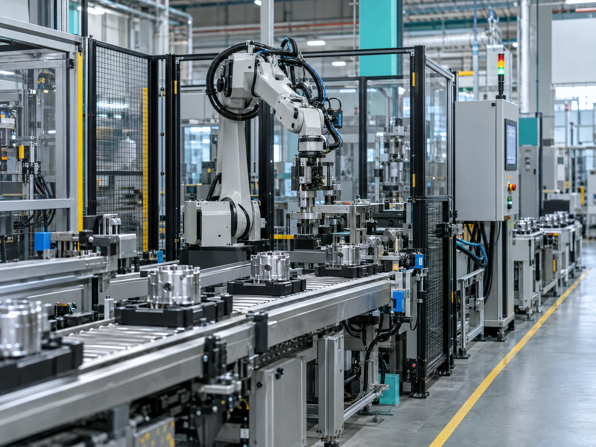 A factory conveyor, guarded industrial arm and process sensors.