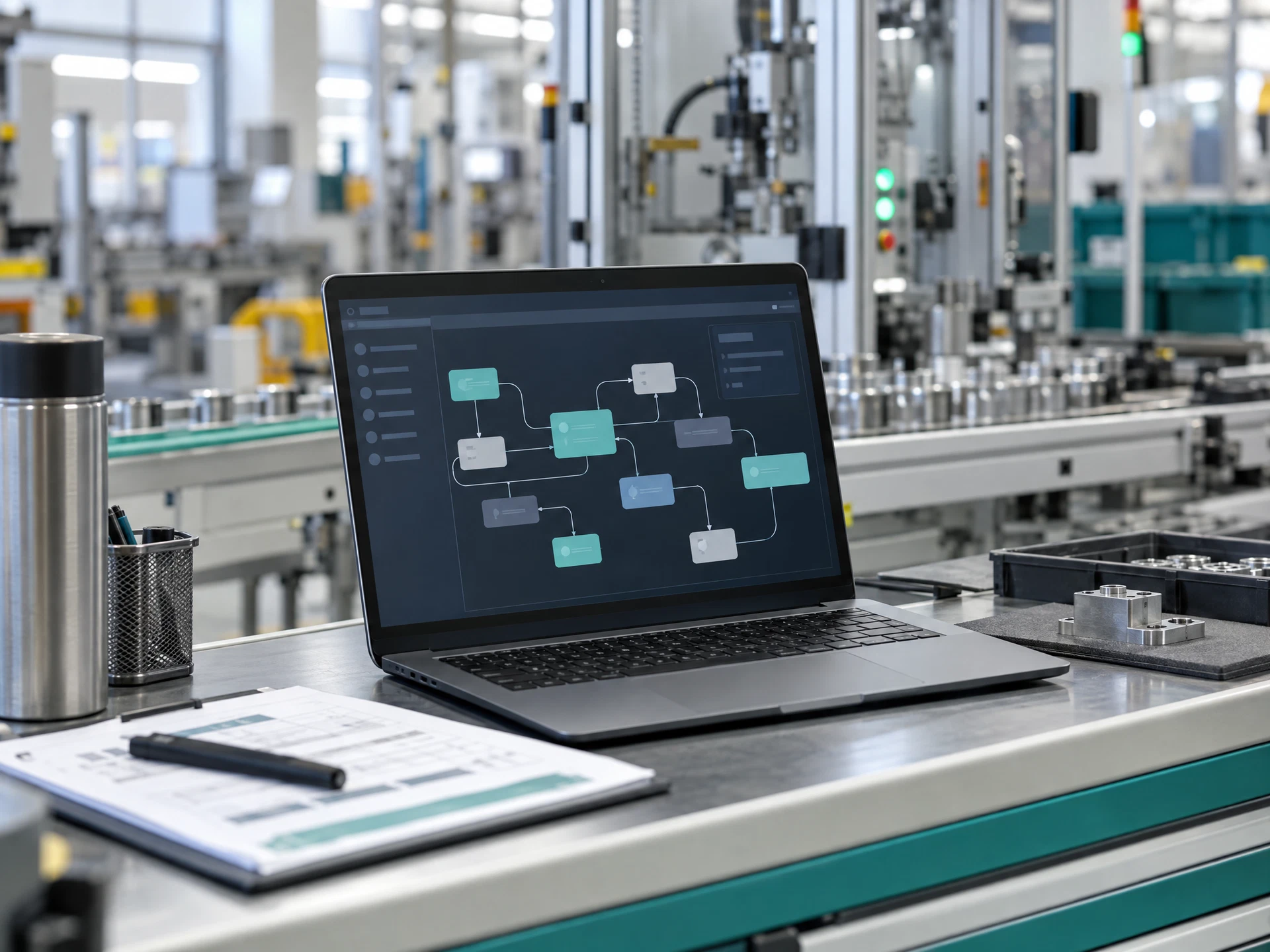 An unbranded workflow builder with connected nodes on a laptop near factory equipment.