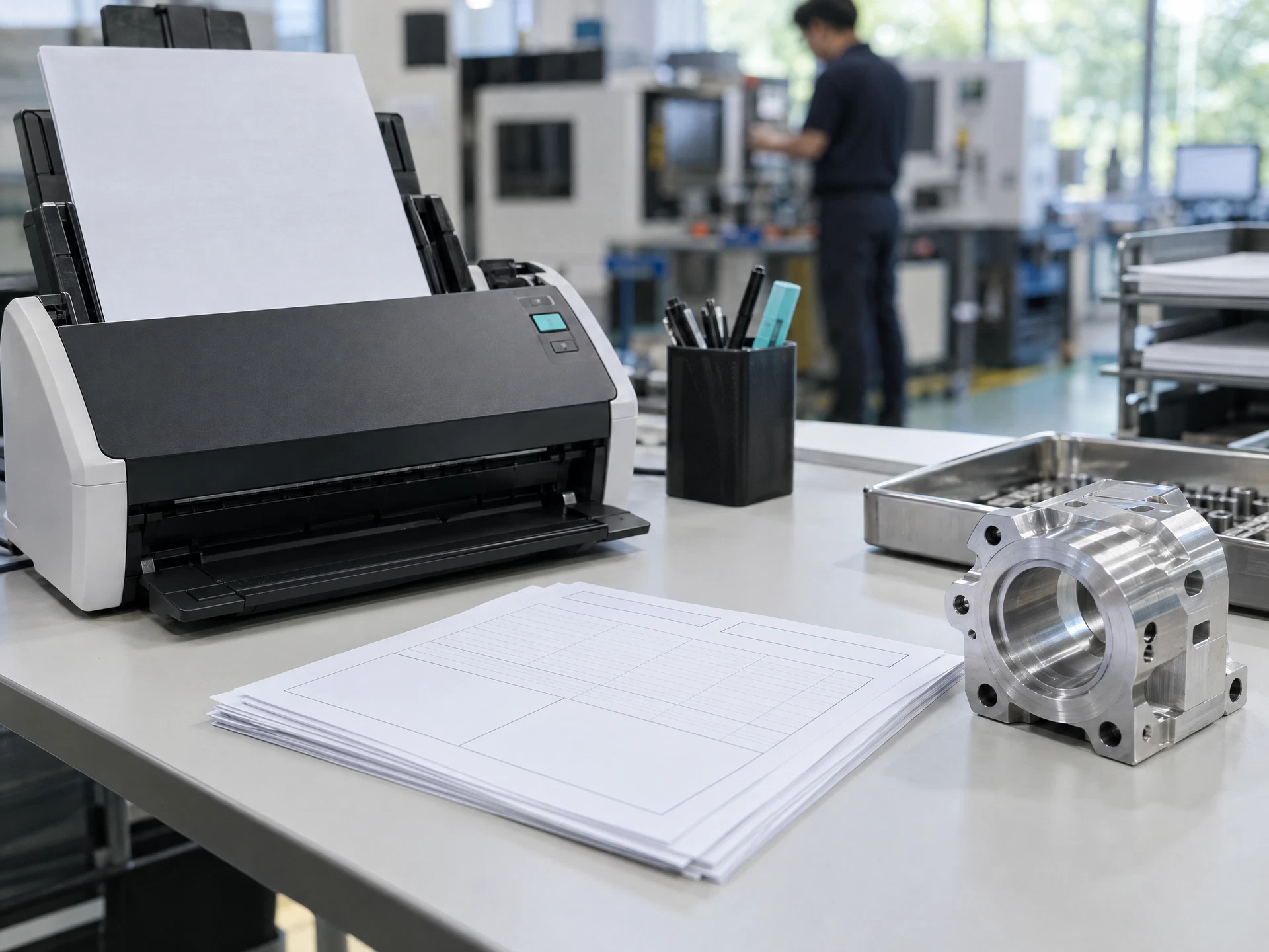 A document scanner and blank factory work orders beside a generic digital capture screen.