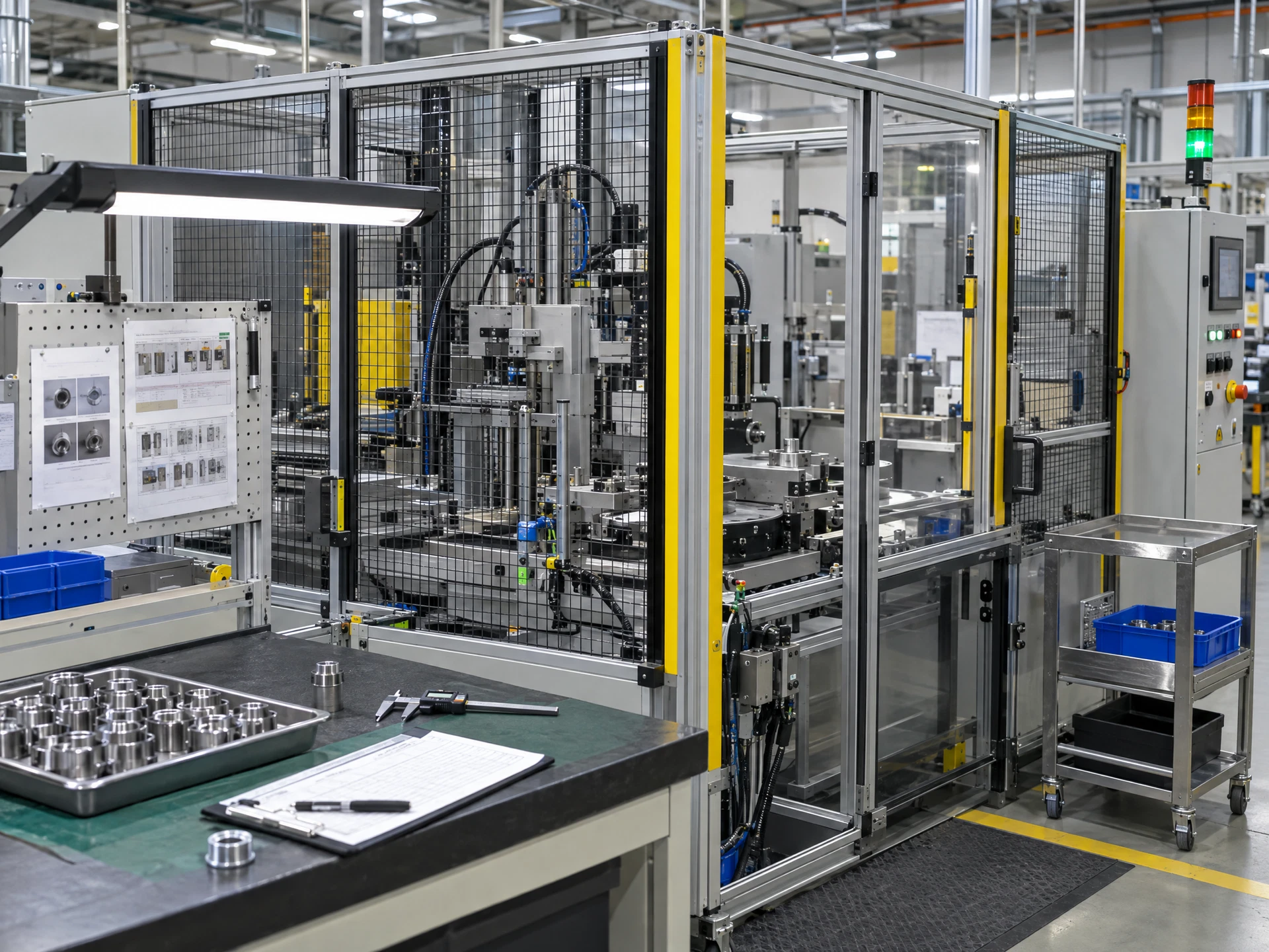 A guarded machine cell in a controlled automation test area.