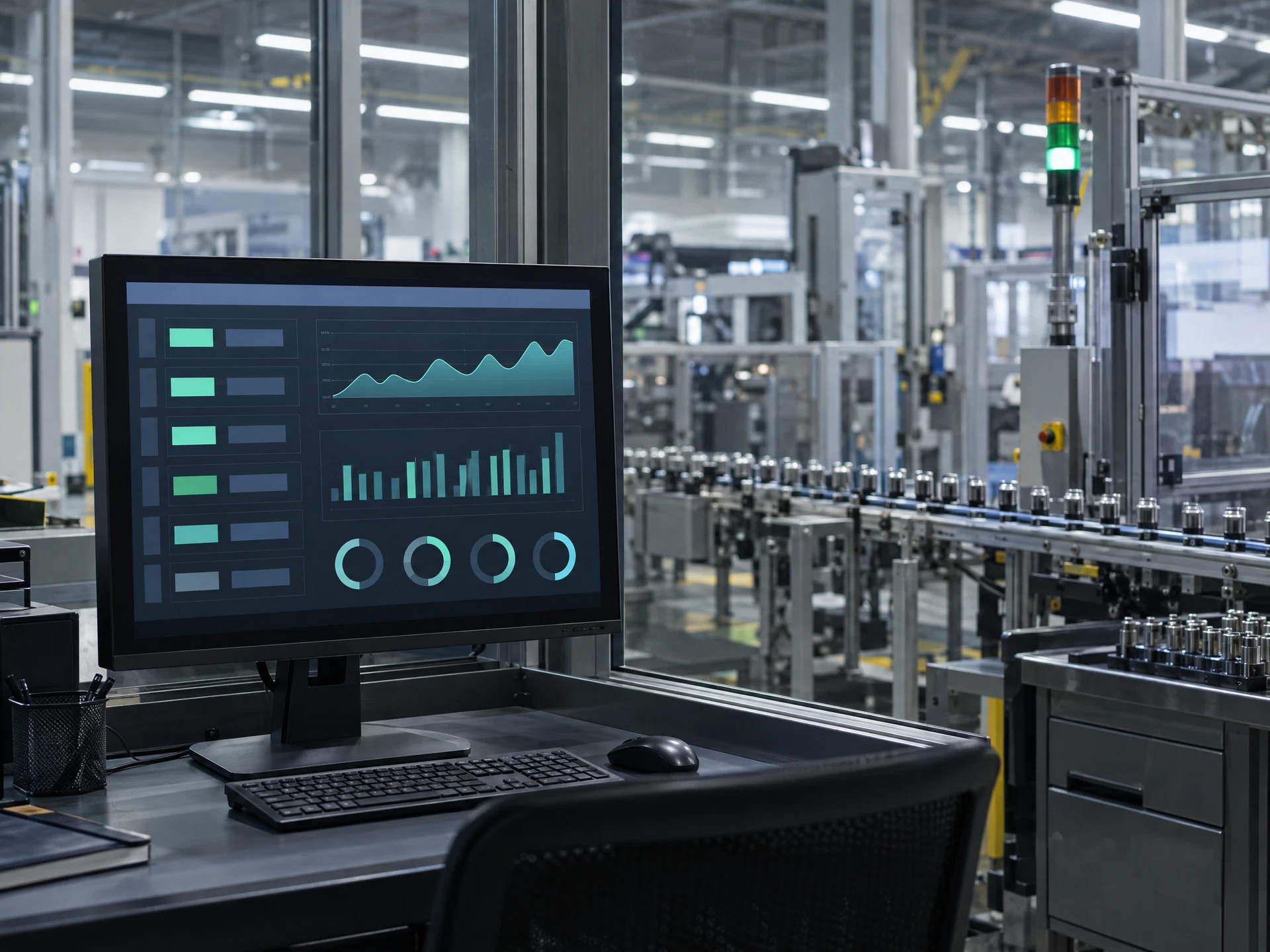 An abstract workflow-monitoring dashboard overlooking a production area.