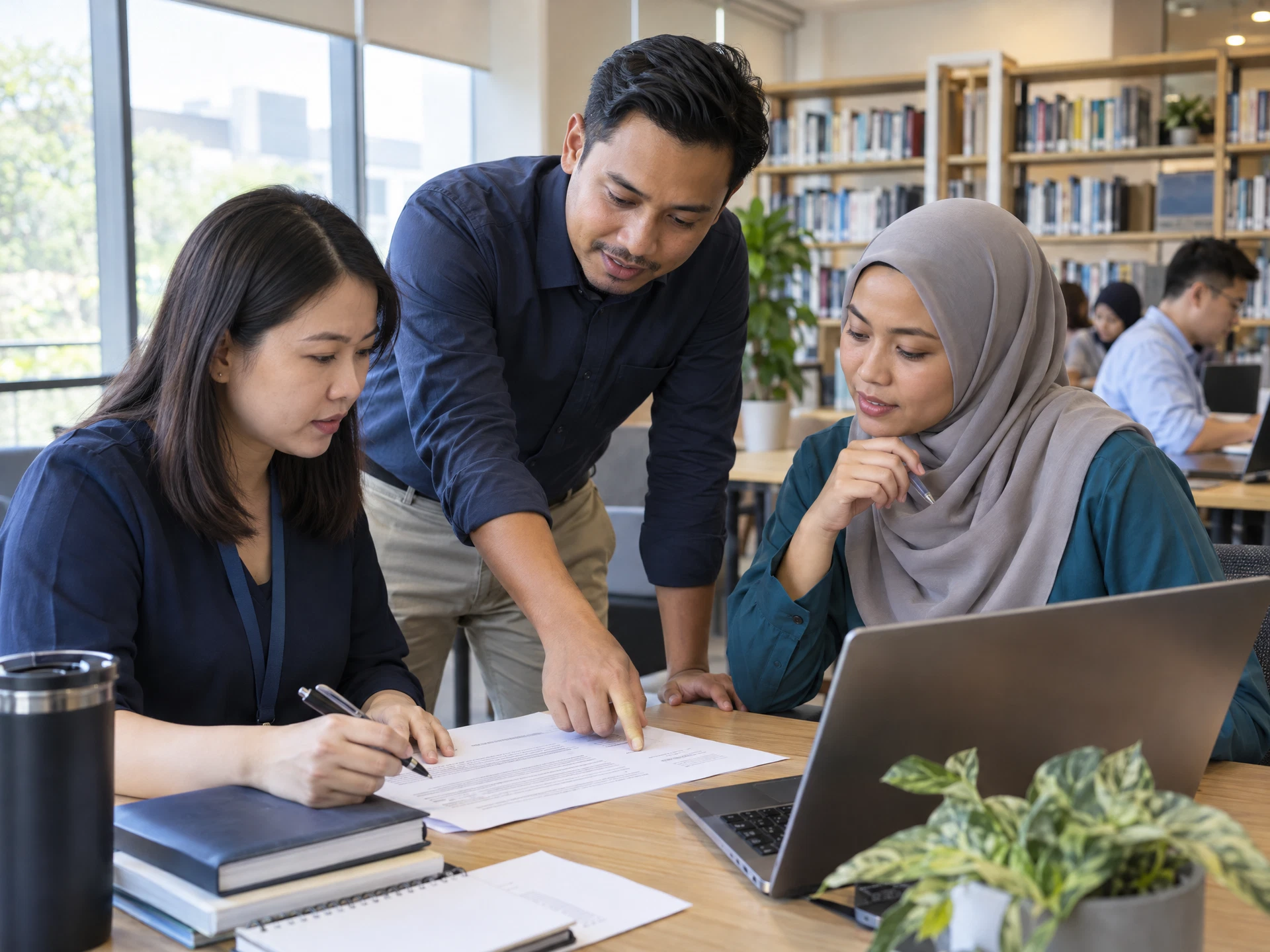 Fictional adult learners practising Claude AI for Business and Professional Writing in a workplace learning scene.