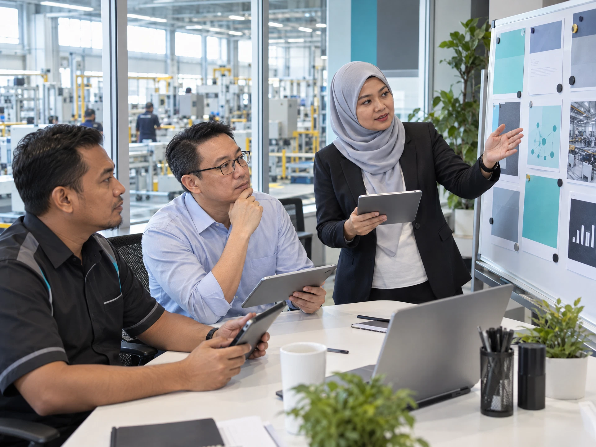 Fictional adult learners practising AI for Research, Summarisation and Decision-Making in a workplace learning scene.