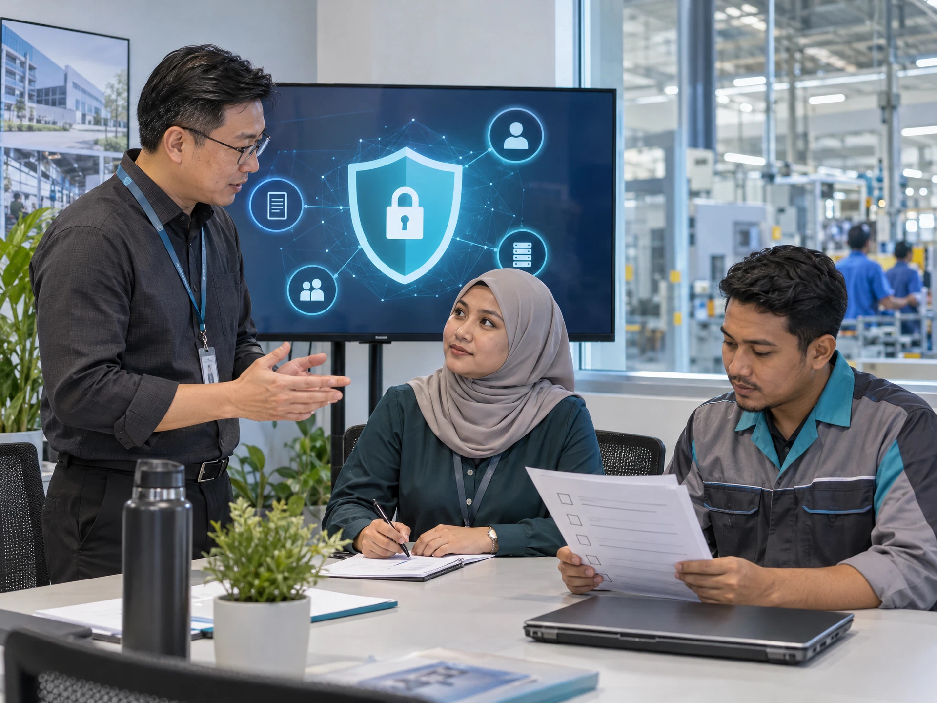 Fictional adult learners practising Responsible AI, Data Privacy and AI Governance in a workplace learning scene.