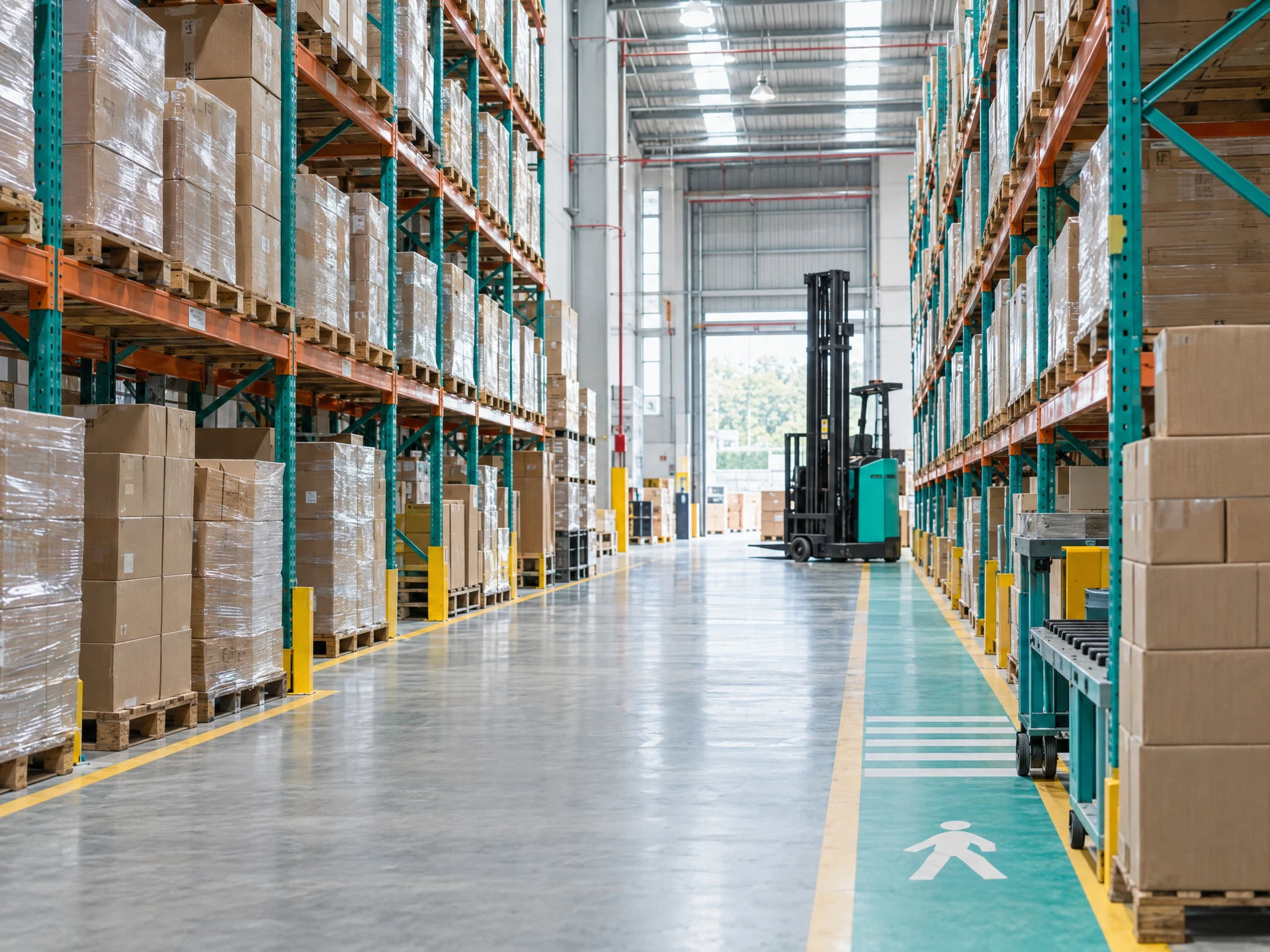 High-bay warehouse aisle with pallet racks, stacked cartons and a forklift in the background.