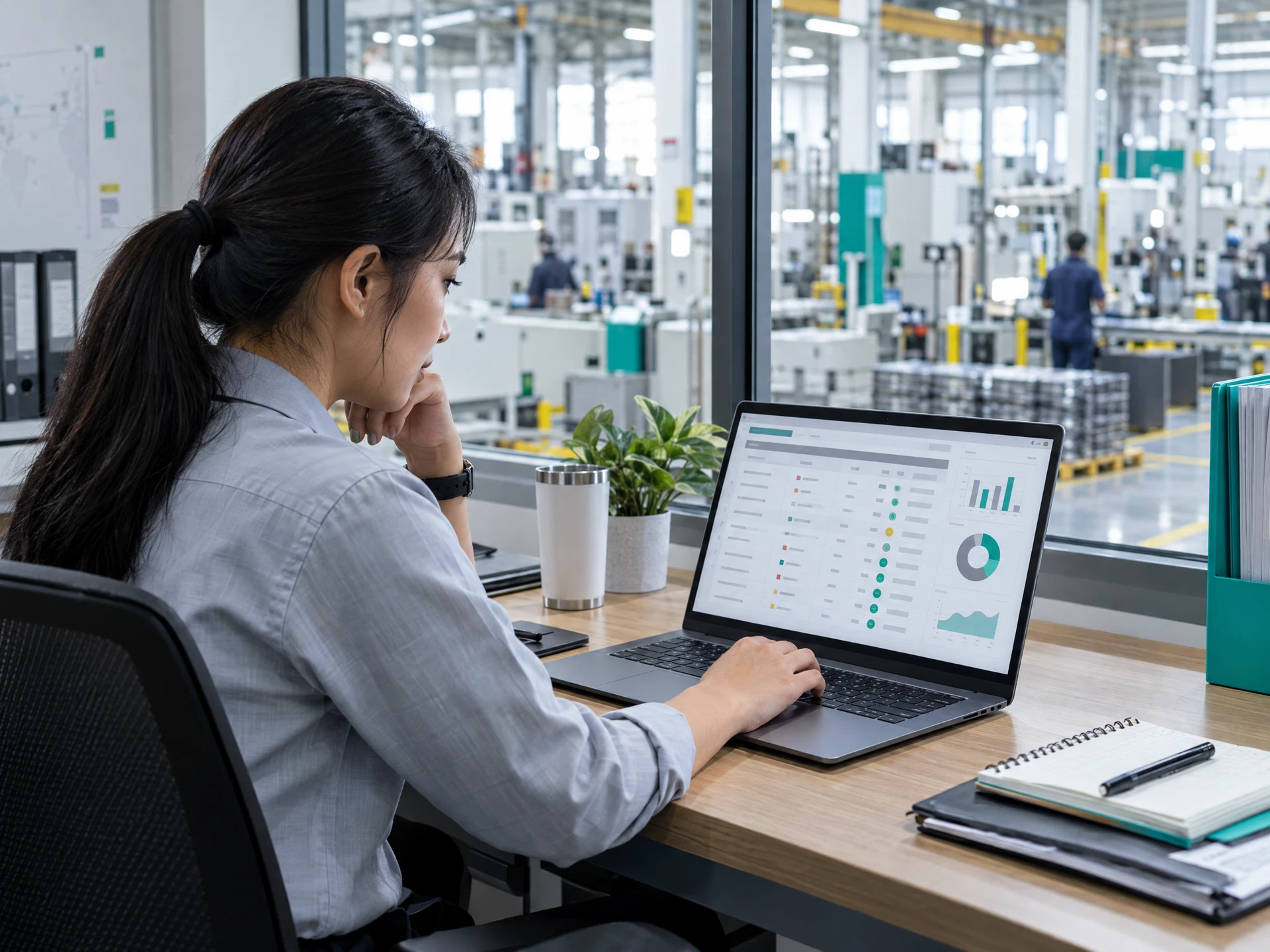 Fictional procurement analyst comparing supplier quotations on an abstract unreadable laptop screen beside a factory.