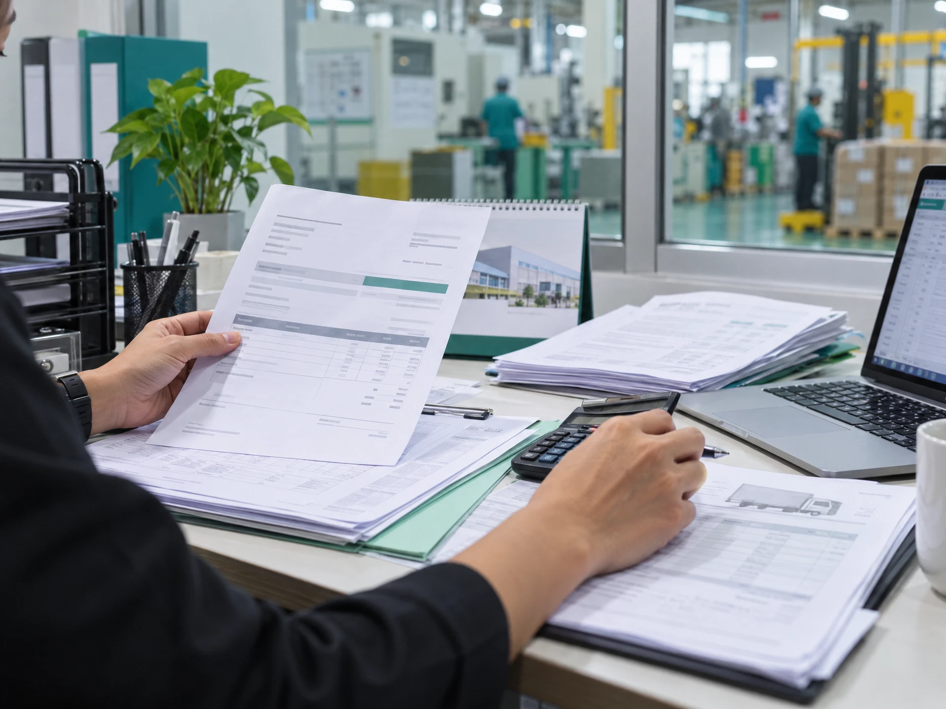 Fictional manufacturing finance professional reviewing generic supplier documents beside a laptop.