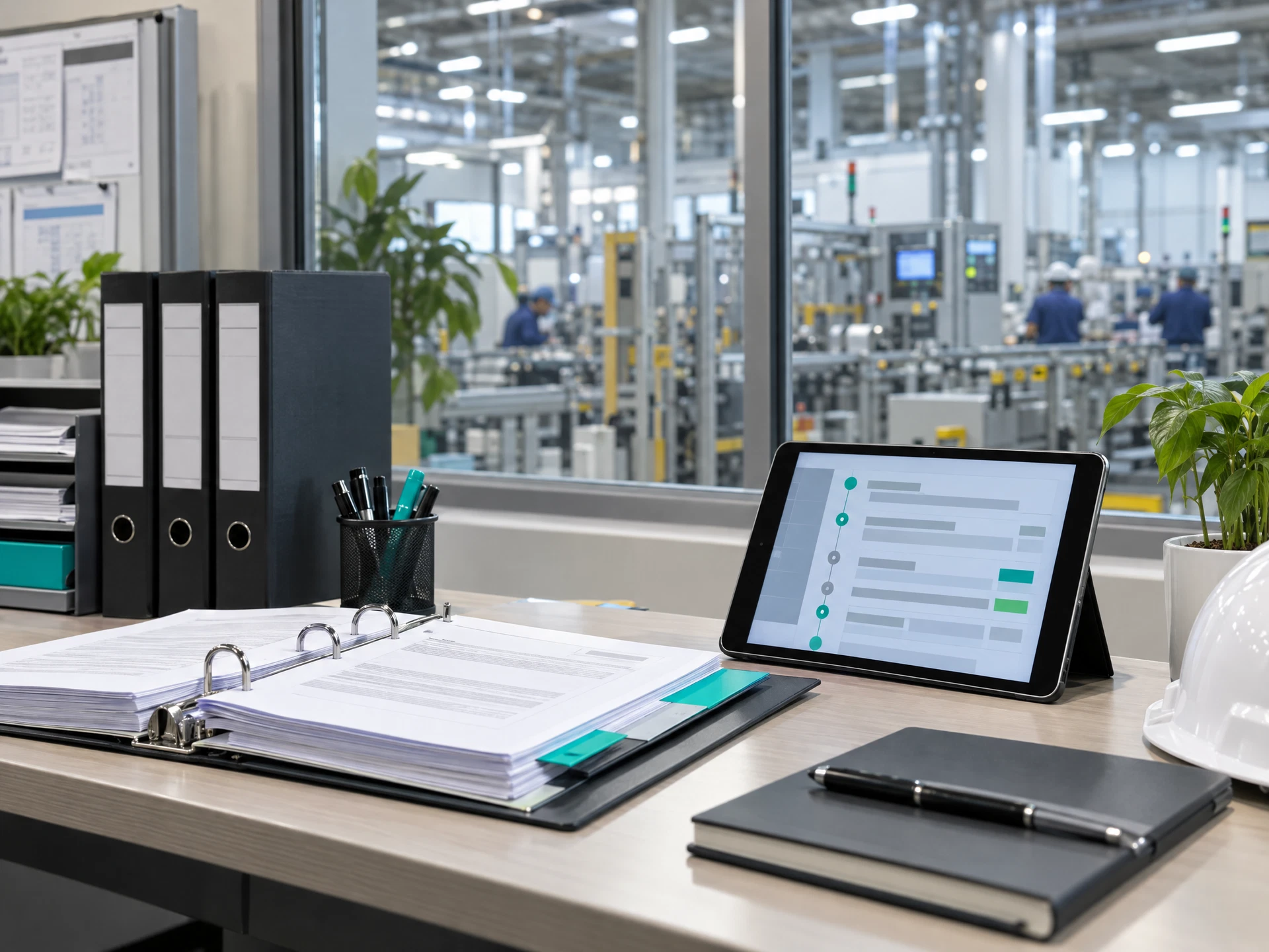 Industrial document-control workstation with a tablet showing abstract version blocks, a binder and a factory beyond glass.