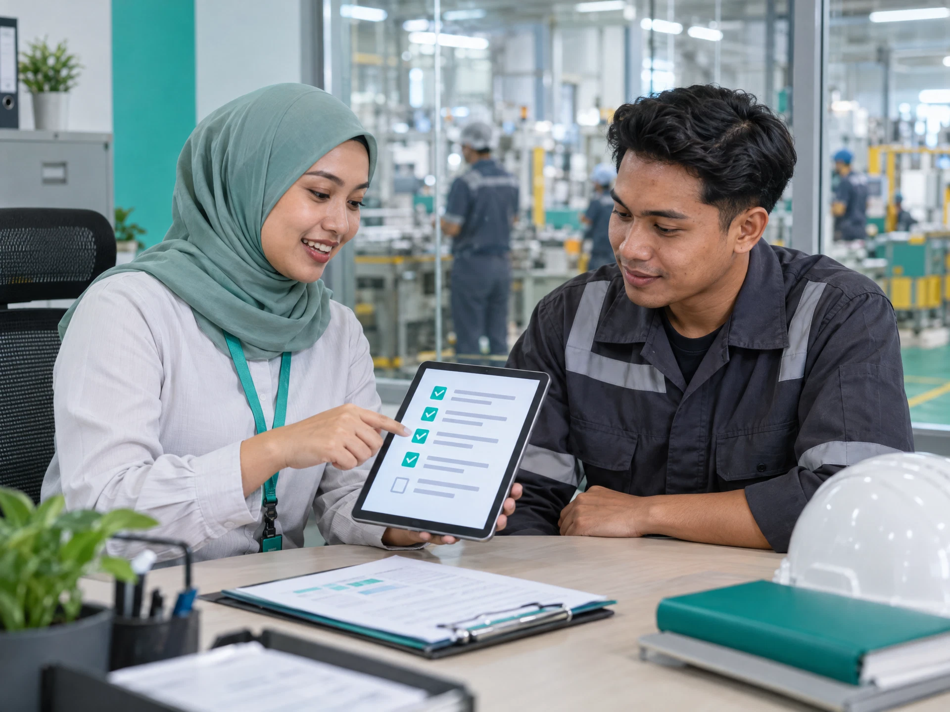 Fictional HR coordinator and adult new employee reviewing a non-legible onboarding checklist on a tablet at a factory office.