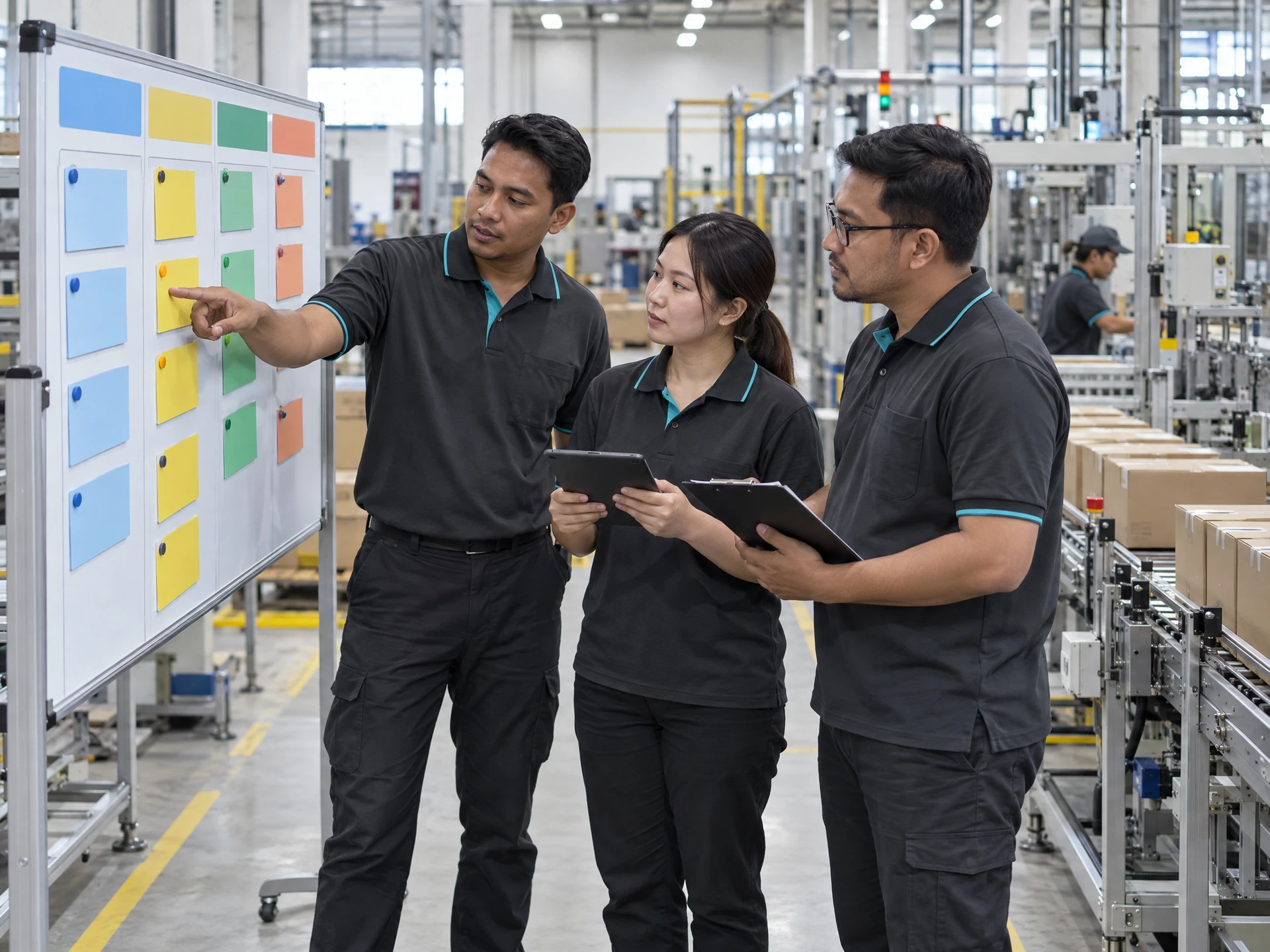 Fictional production, warehouse and quality colleagues discussing abstract cross-department task cards at a factory board.