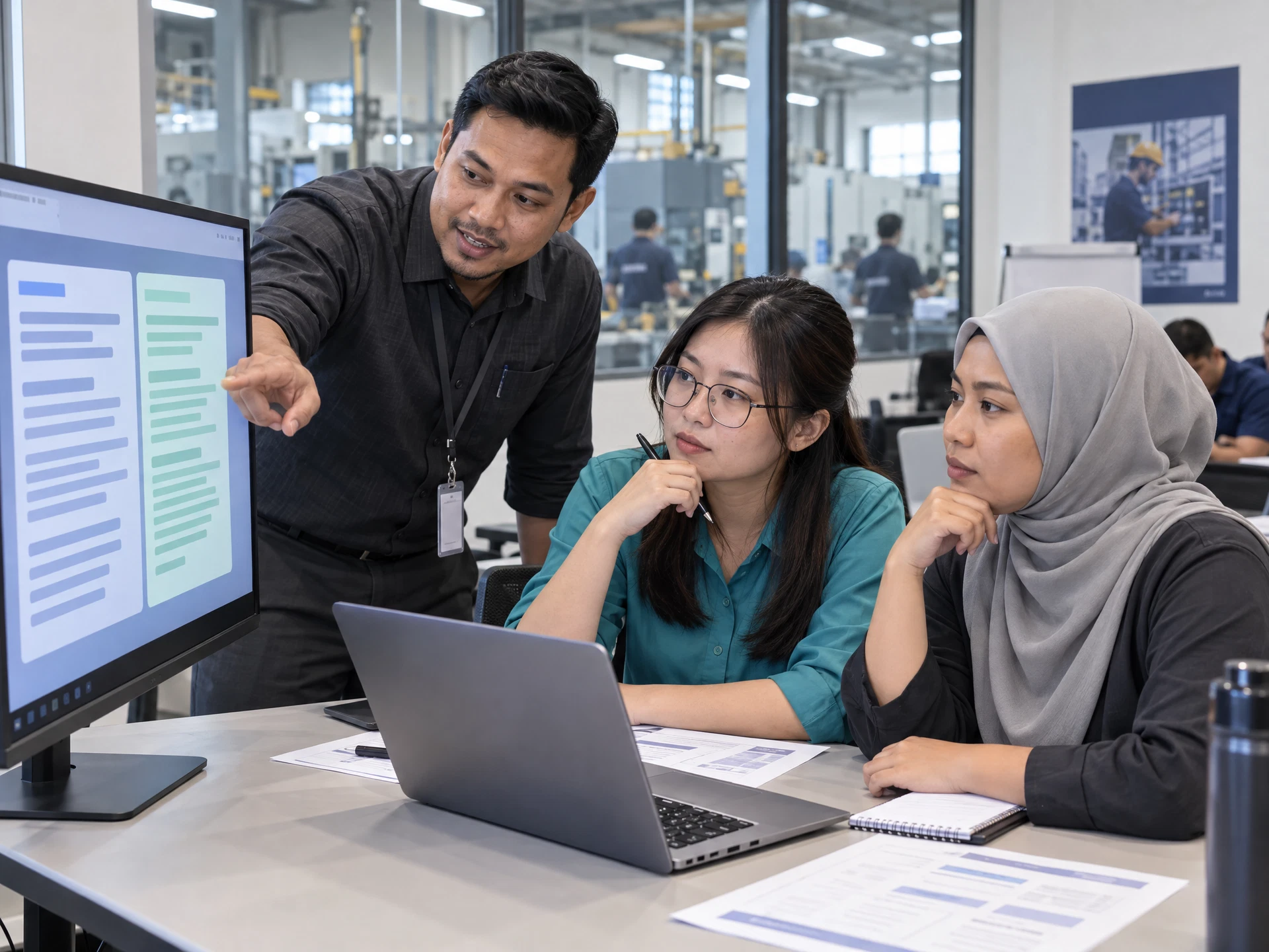 Fictional adult learners practising AI Prompt Engineering Masterclass in a workplace learning scene.