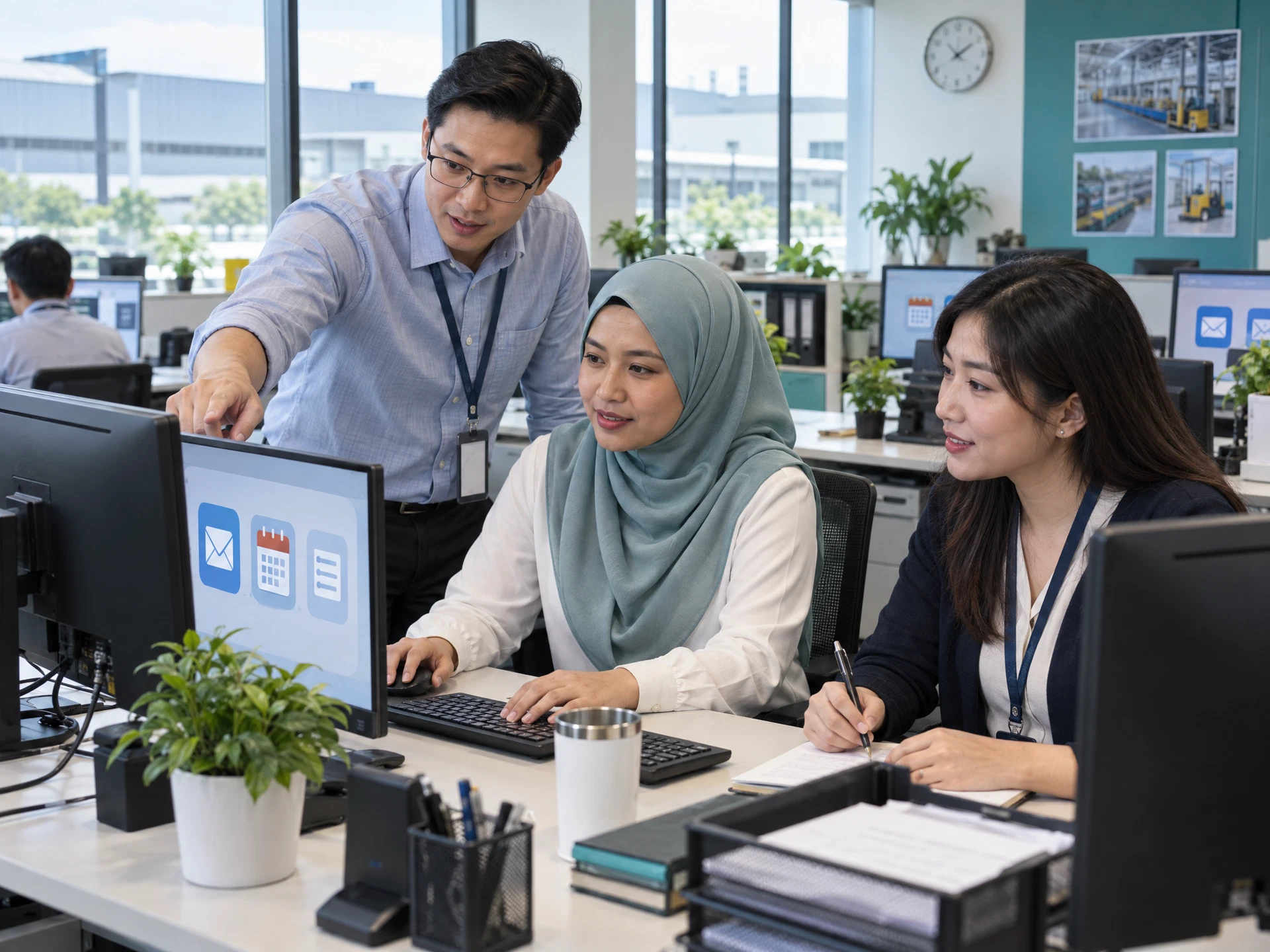 Fictional adult learners practising AI Tools for Office Professionals in a workplace learning scene.