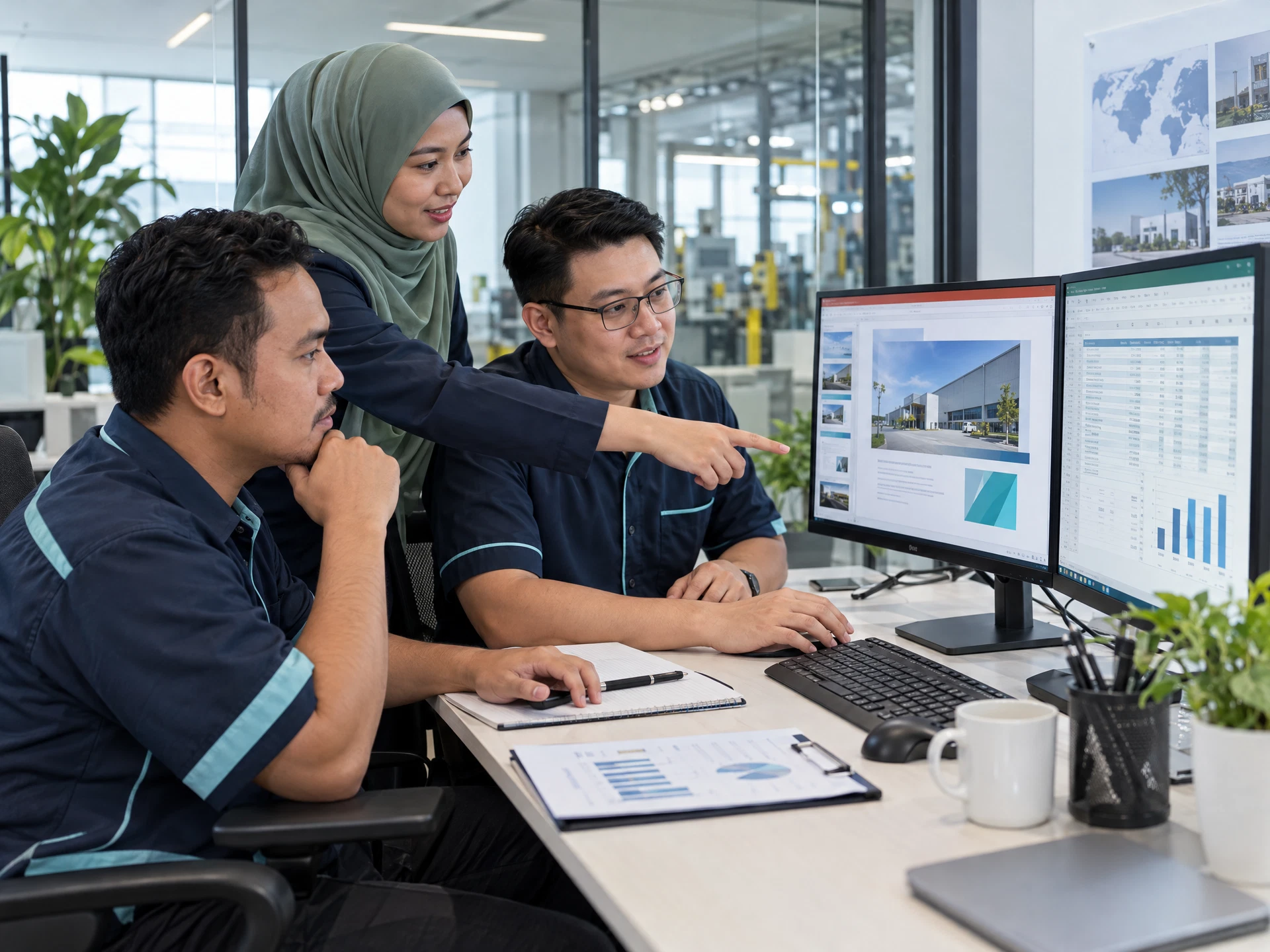 Fictional adult learners practising Microsoft 365 Copilot for Business in a workplace learning scene.