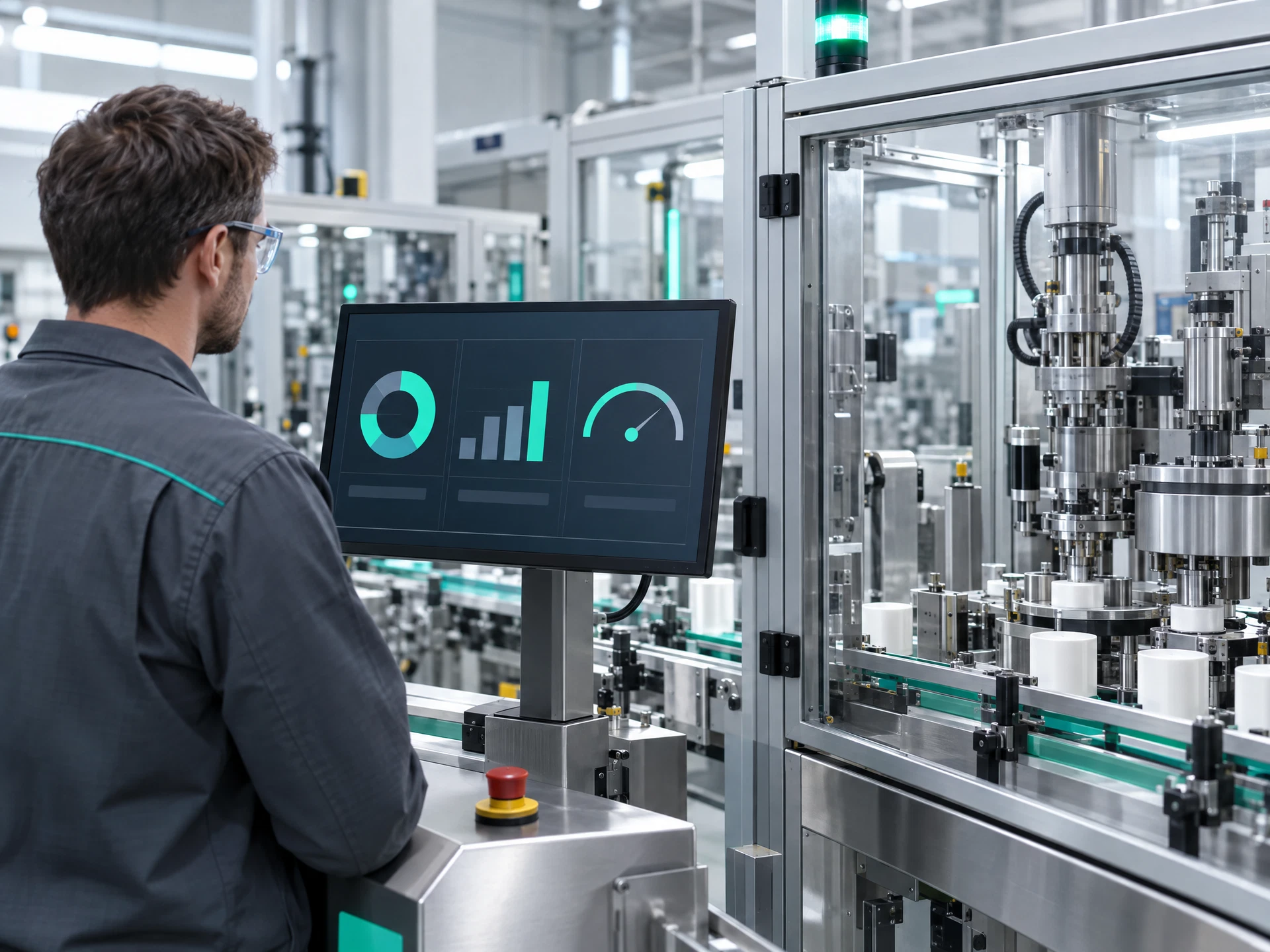 Guarded factory machine modules running while a fictional operations analyst checks abstract indicators on a nearby monitor.