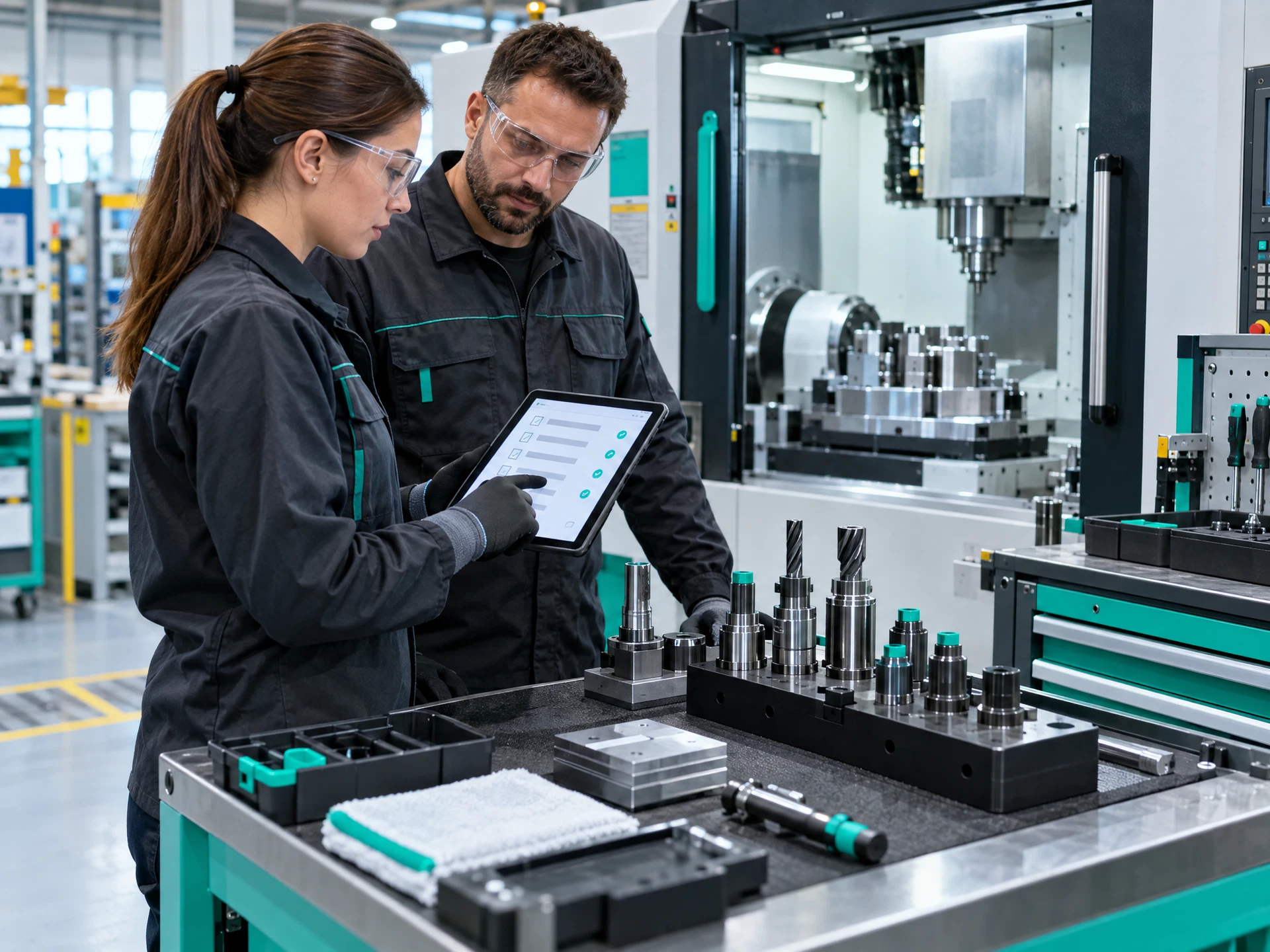 Fictional technicians preparing a safely arranged machine work cell and checking changeover tooling on a tablet.