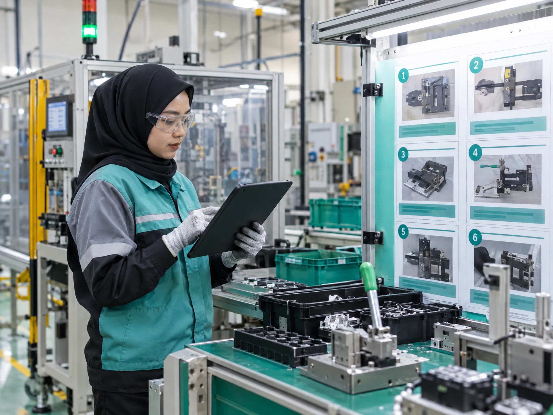 Fictional factory operator consulting a tablet beside an orderly guarded assembly workstation.