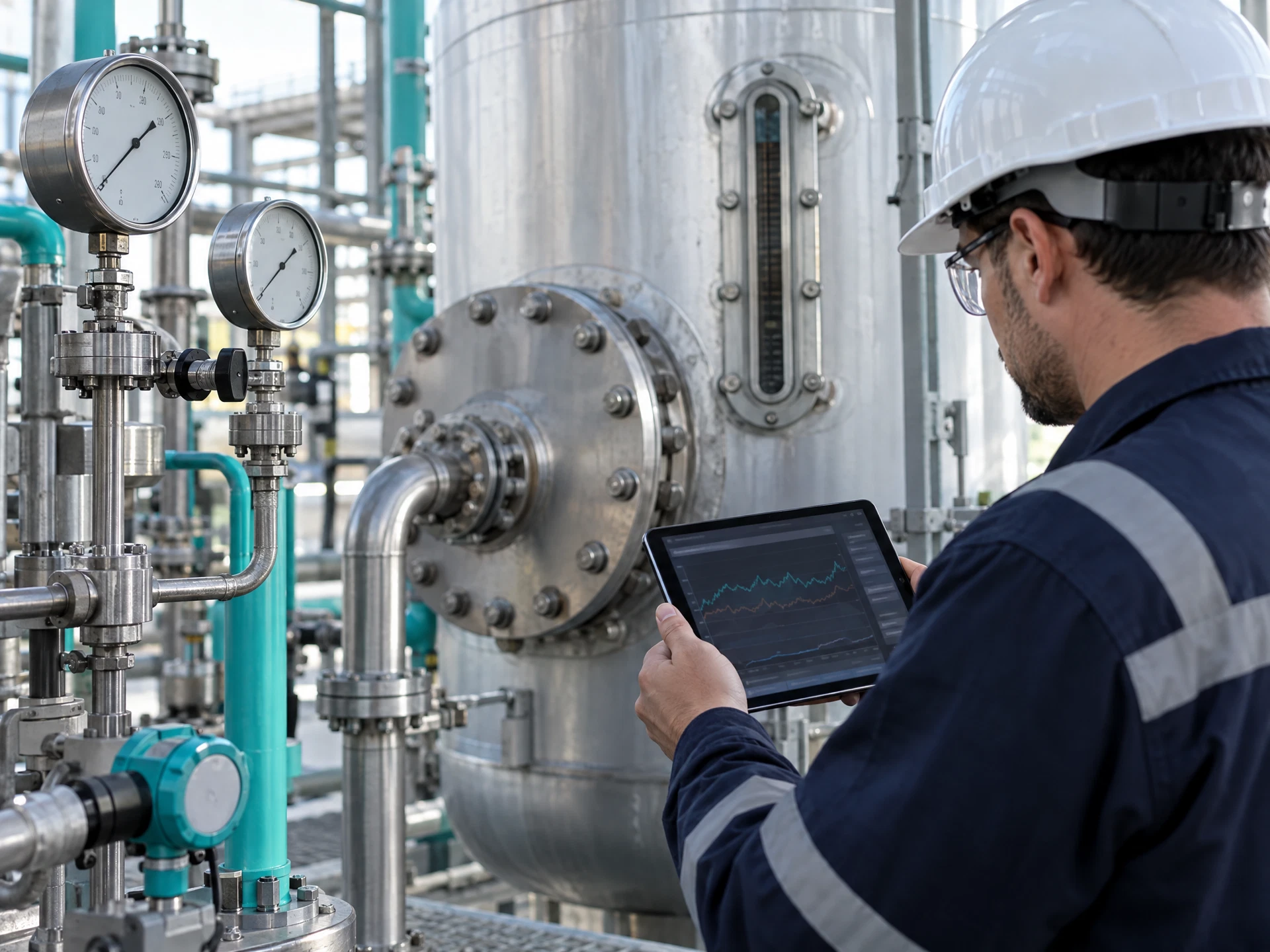 Industrial temperature and pressure gauges beside a safe process vessel as a fictional engineer reviews a trend on a tablet.