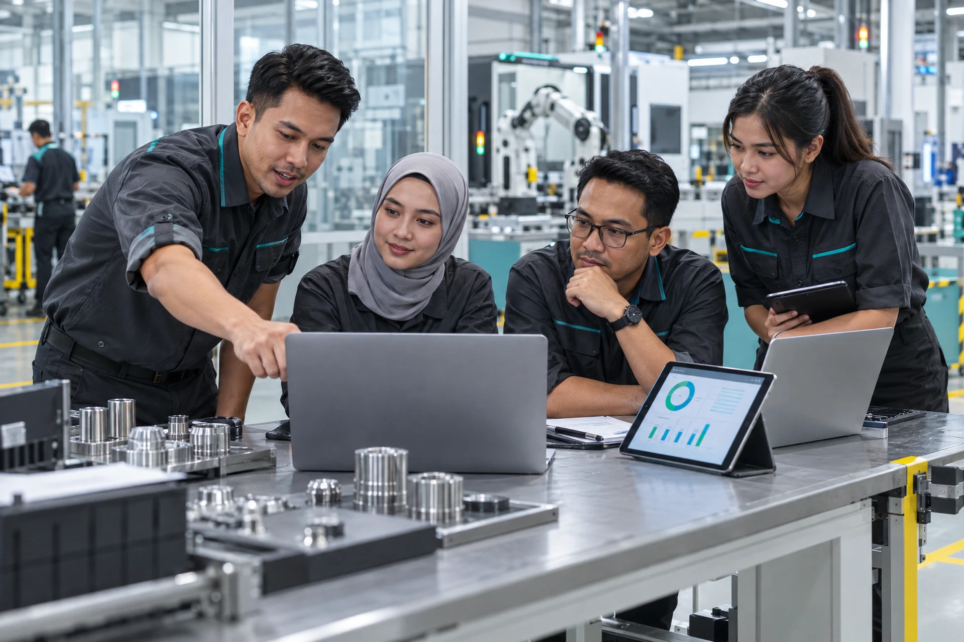 Fictional manufacturing team learning with laptops and inspection parts beside a modern factory production line.