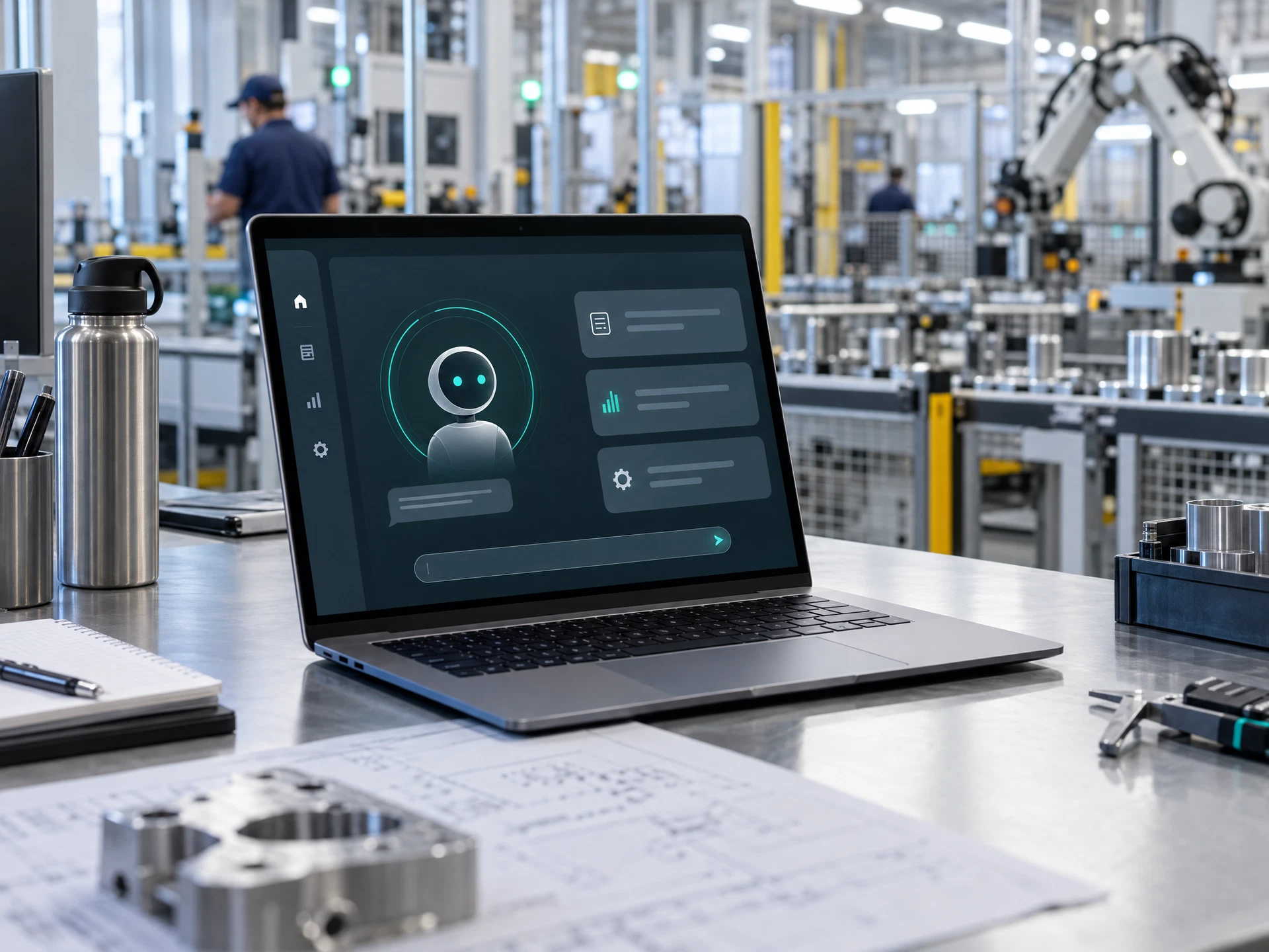 A fictional factory workstation with a laptop showing an abstract AI assistant and a production line beyond.