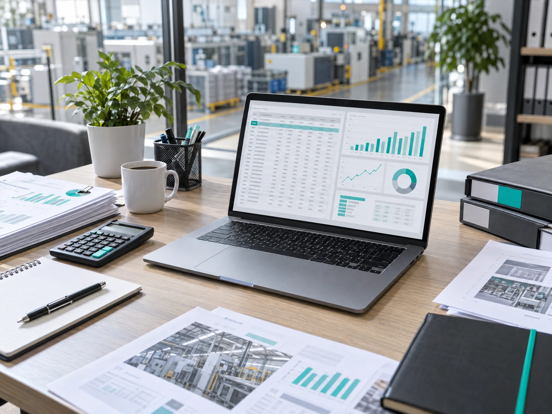 A manufacturing-office workstation with abstract spreadsheet tables and a production dashboard.