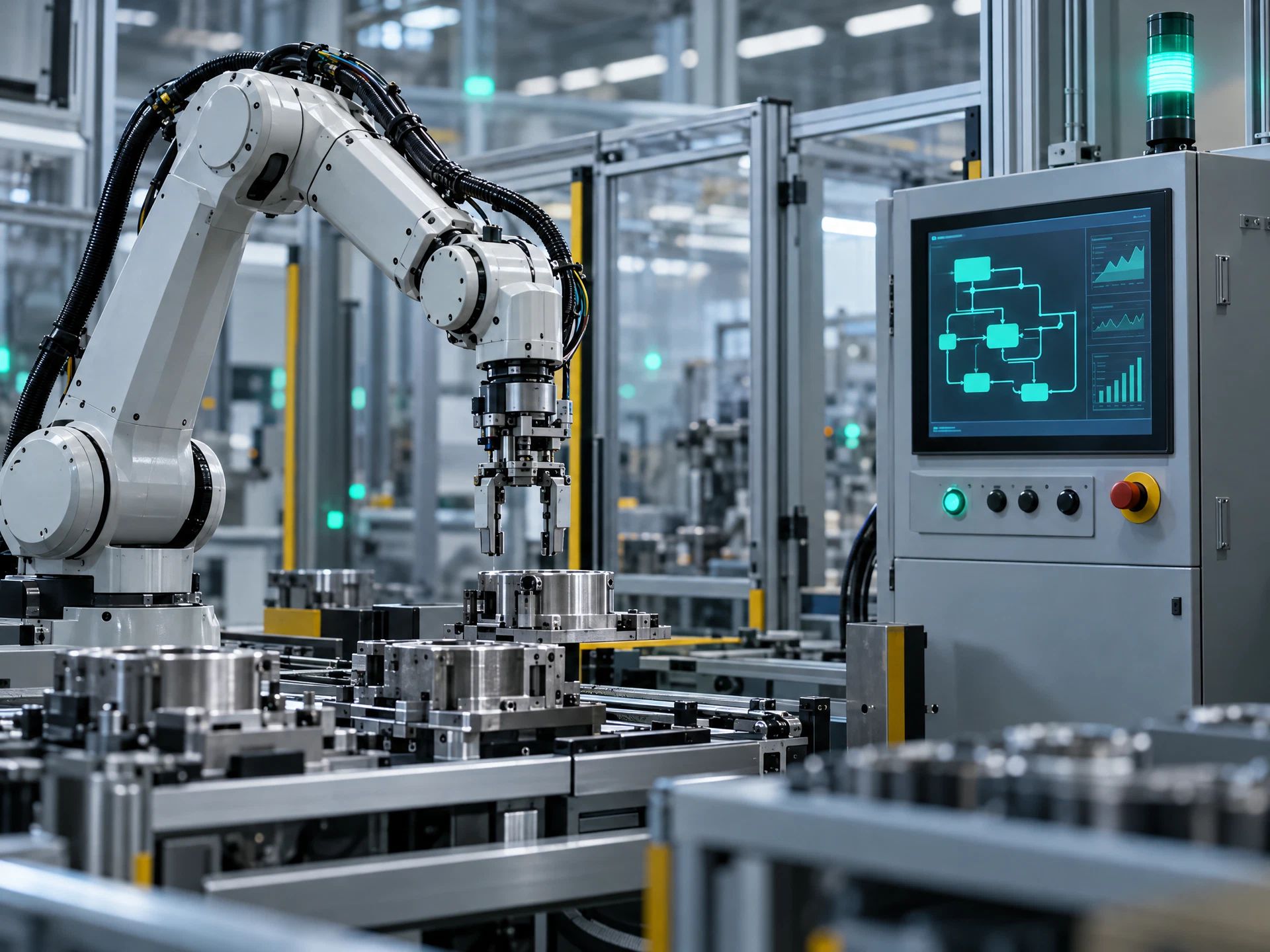 A robotic arm, control cabinet and abstract workflow monitor in a fictional factory cell.