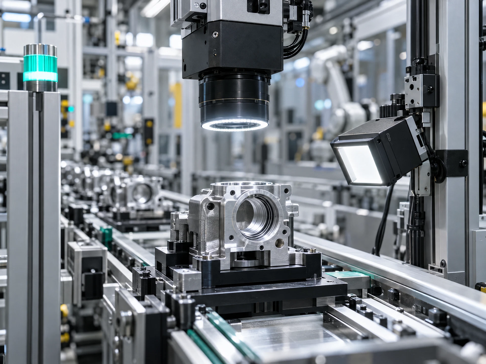 Machine-vision and precision inspection equipment checking a metal component on a fictional production line.