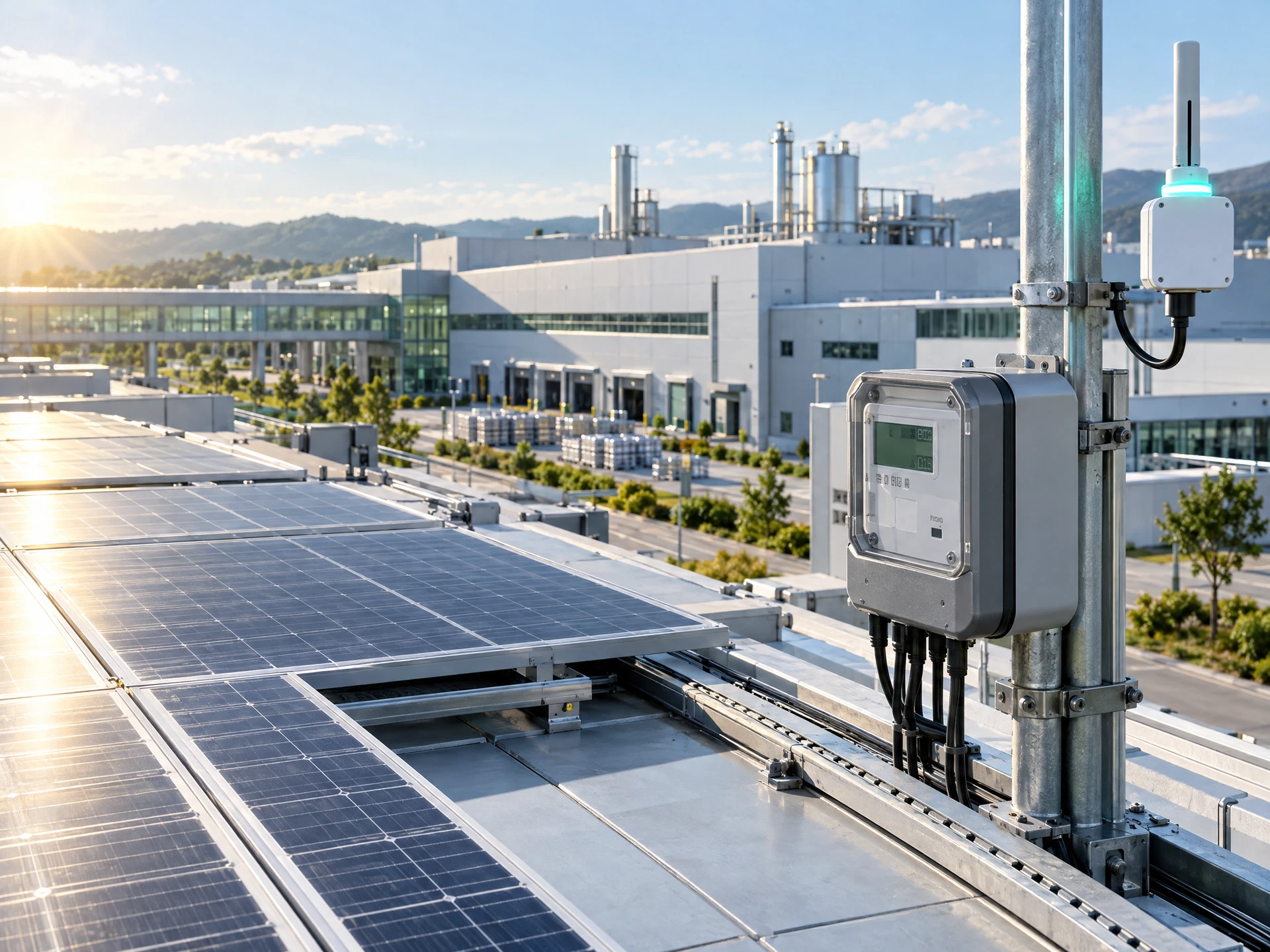 A fictional factory with rooftop solar, an energy meter and an IoT monitoring sensor.