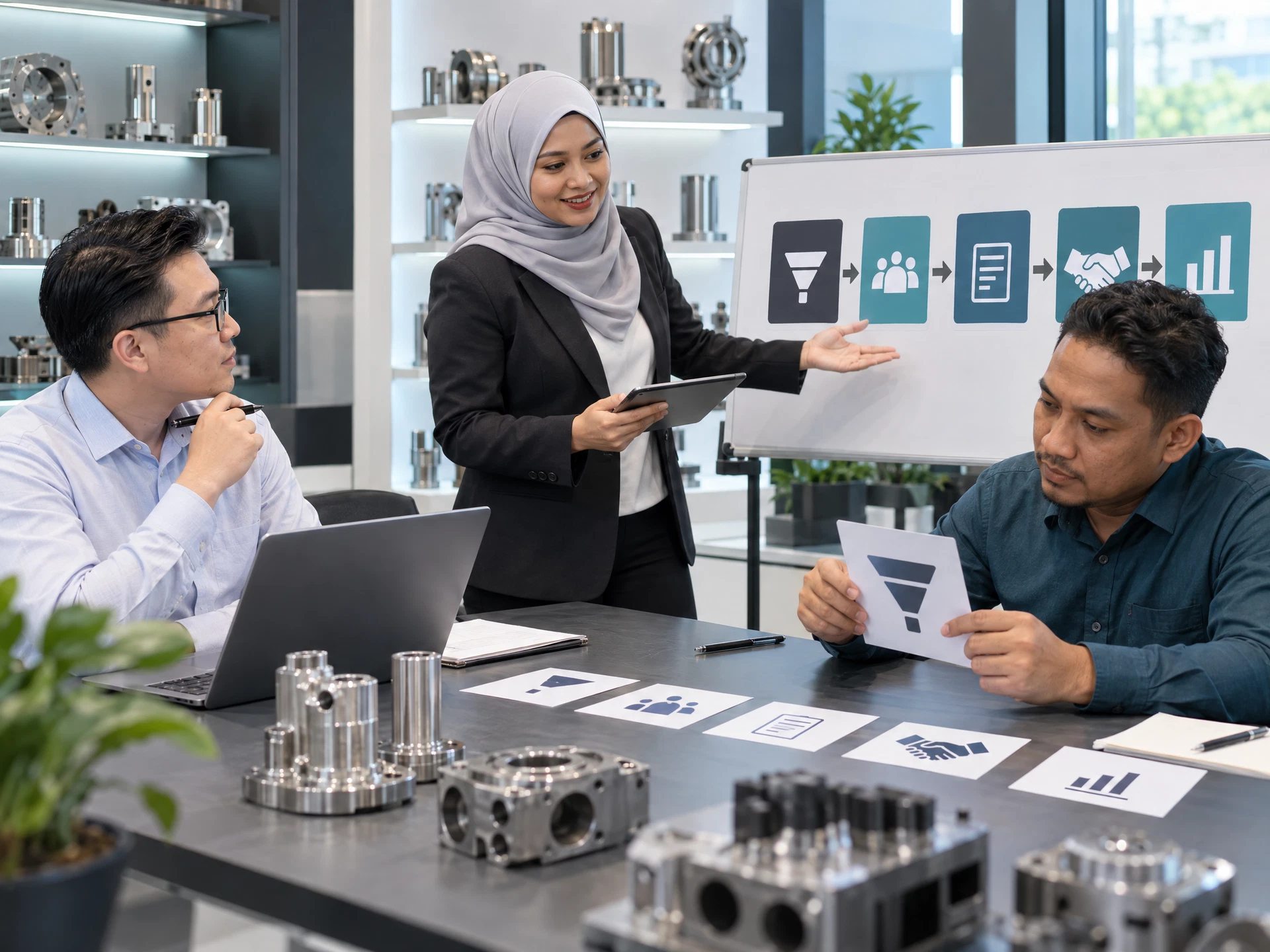 Fictional adult learners practising AI for Sales and Business Development in a workplace learning scene.