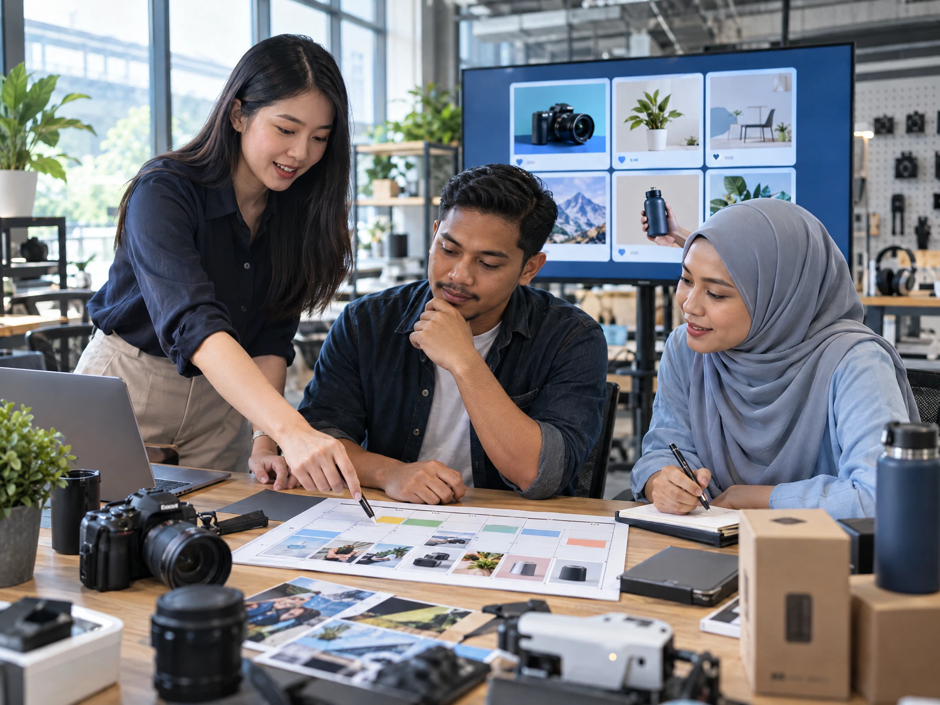 Fictional adult learners practising AI for Digital Marketing and Social Media in a workplace learning scene.