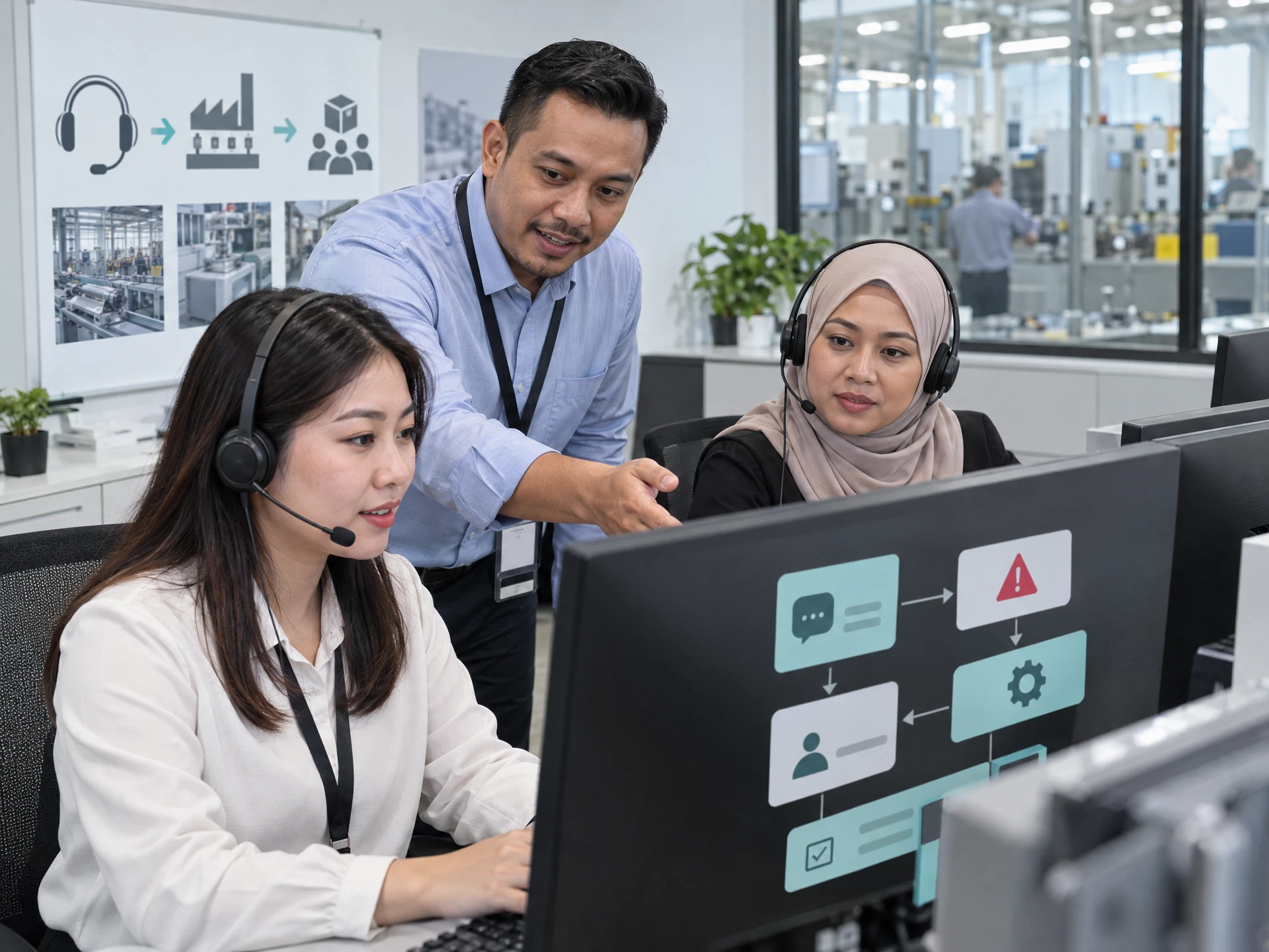 Fictional adult learners practising AI for Customer Service and Complaint Handling in a workplace learning scene.