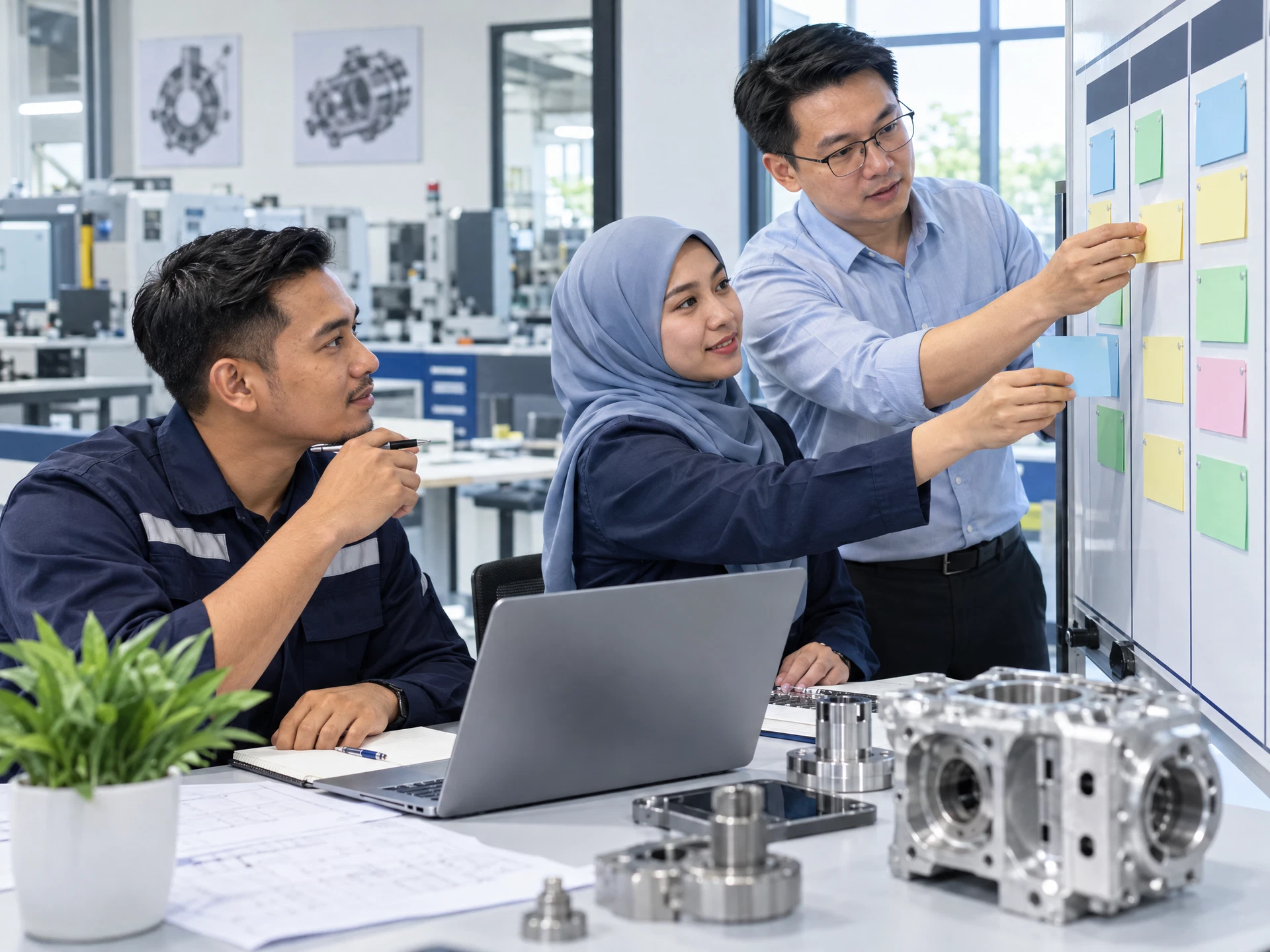 Fictional adult learners practising AI for Project Management in a workplace learning scene.