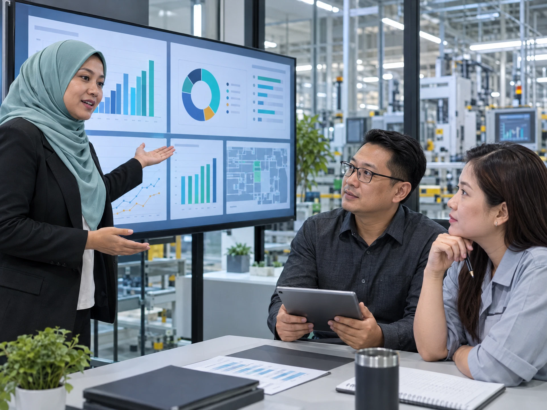 Fictional adult learners practising AI for Data Visualisation and Business Reporting in a workplace learning scene.