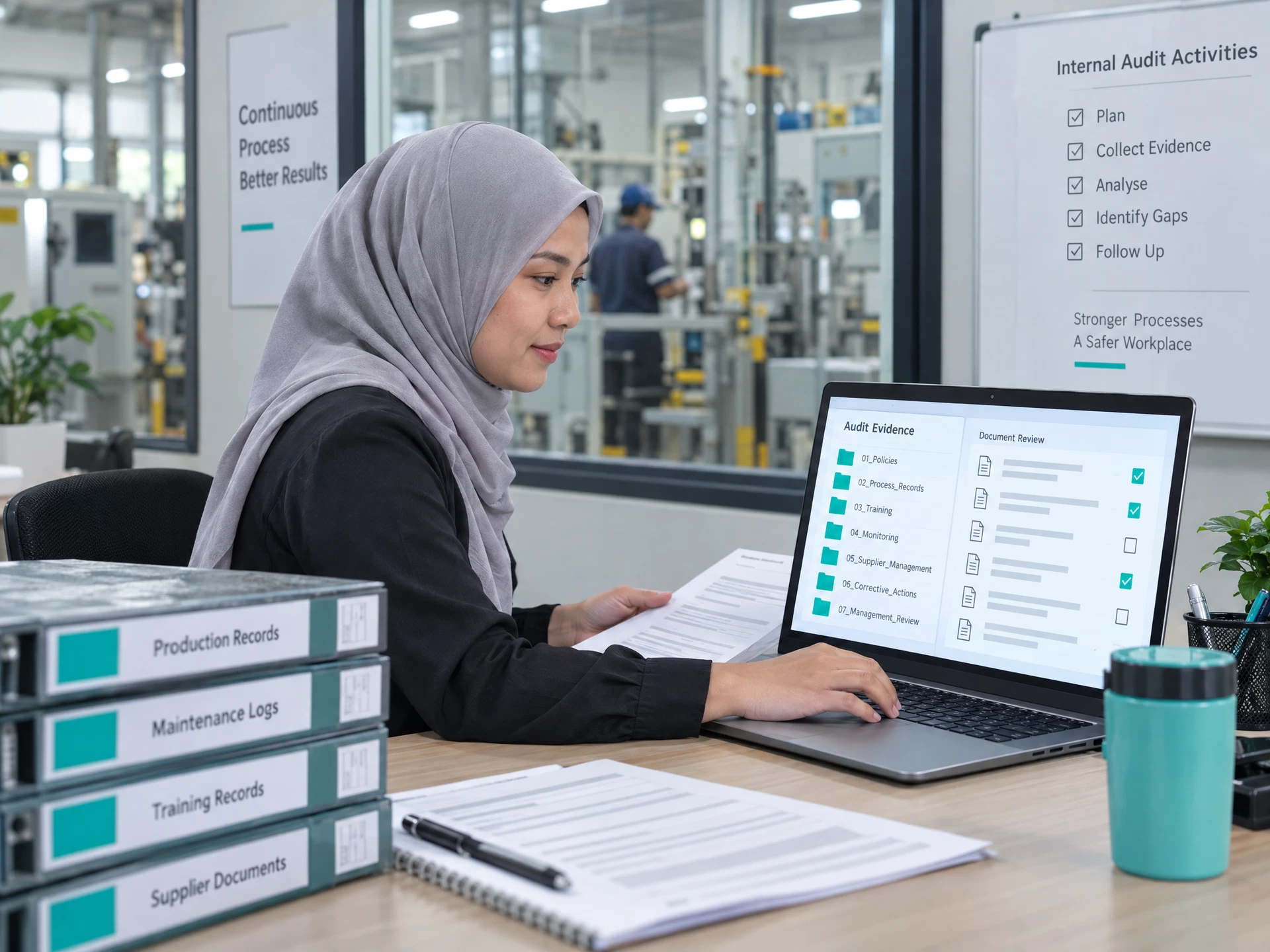 Fictional internal auditor organizing anonymized evidence folders and a non-legible checklist at a factory office.