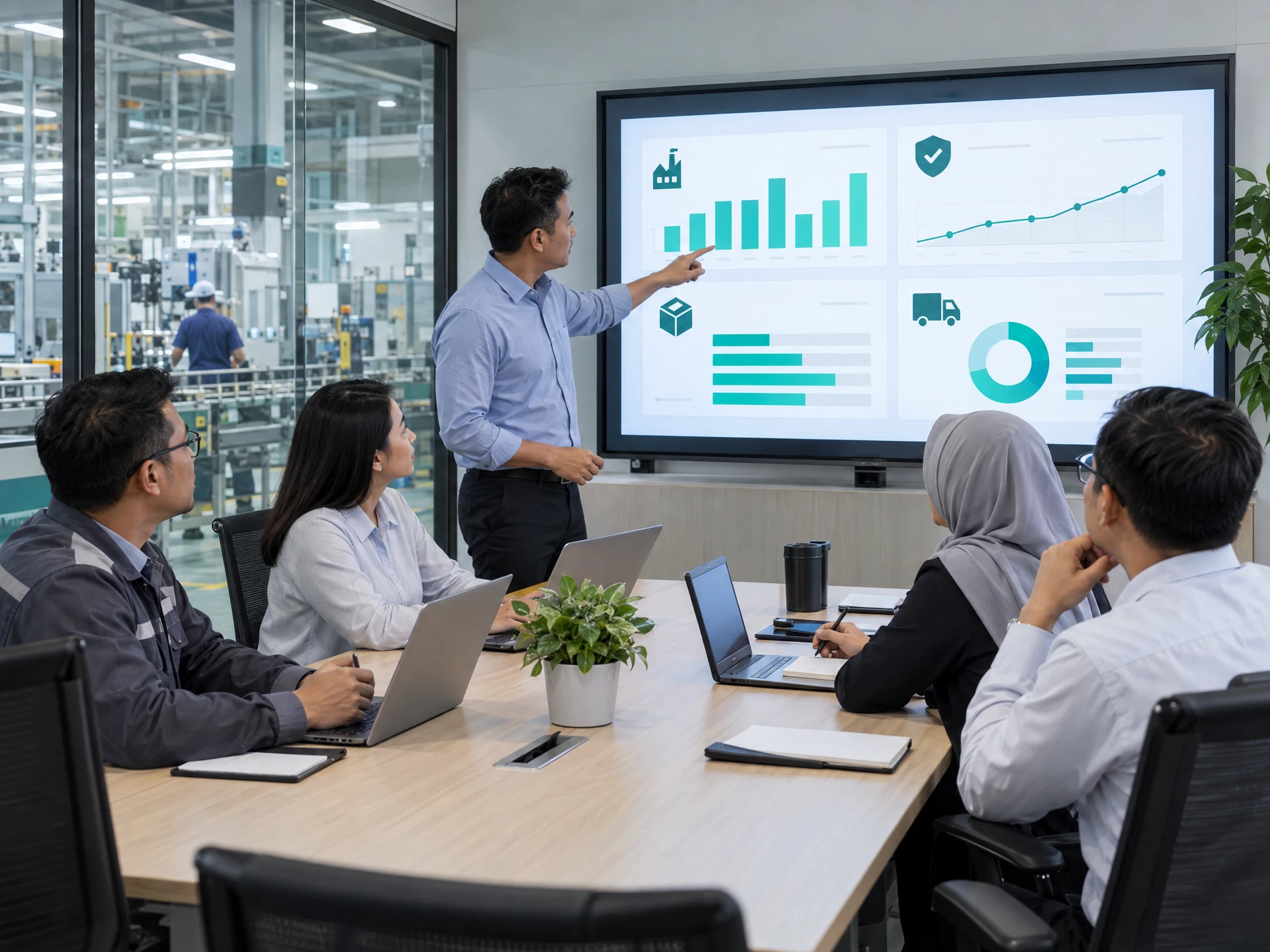 Fictional manufacturing leadership team reviewing abstract production, quality, stock and delivery summaries.
